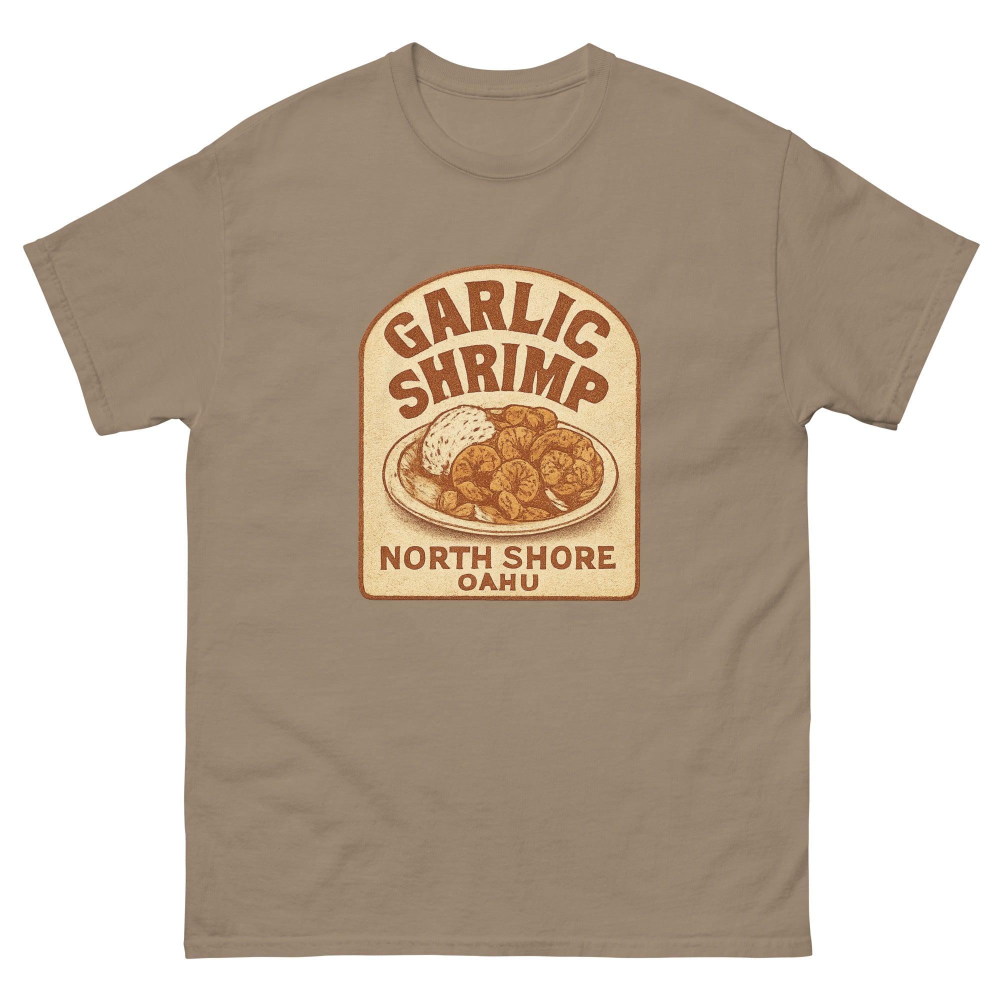 Garlic Shrimp Truck Hawaiian t-shirt design on a Brown Savana unisex tee
