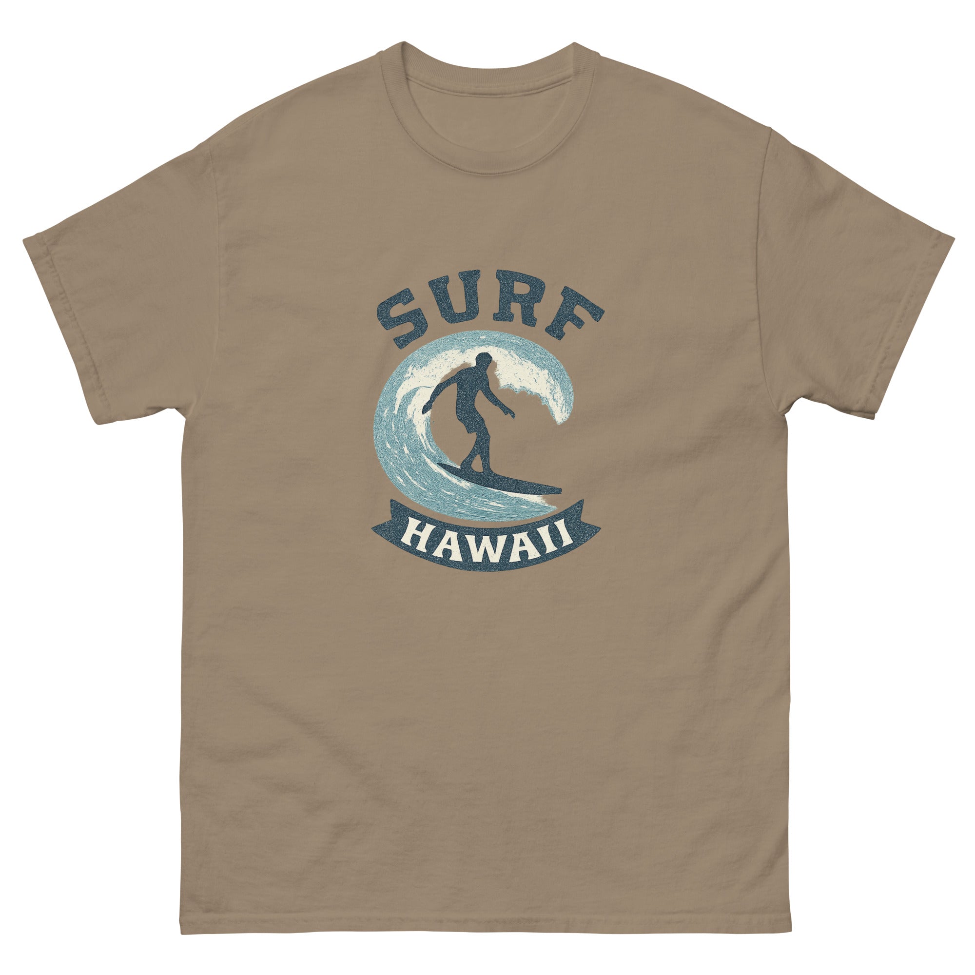 Surf Hawaii Hawaiian t-shirt design on a Brown Savana unisex tee