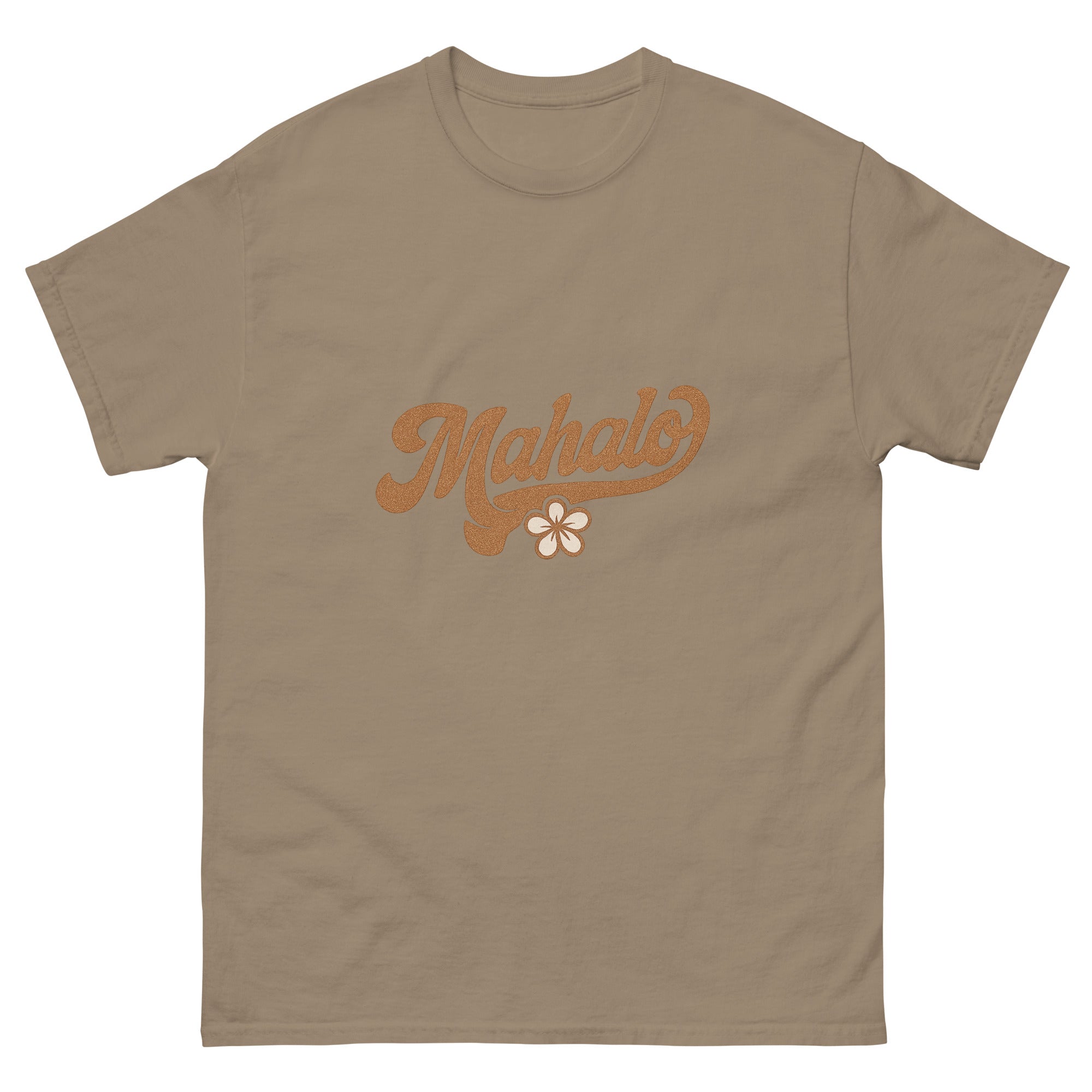 Mahalo Hawaiian t-shirt design on a Brown Savana unisex tee