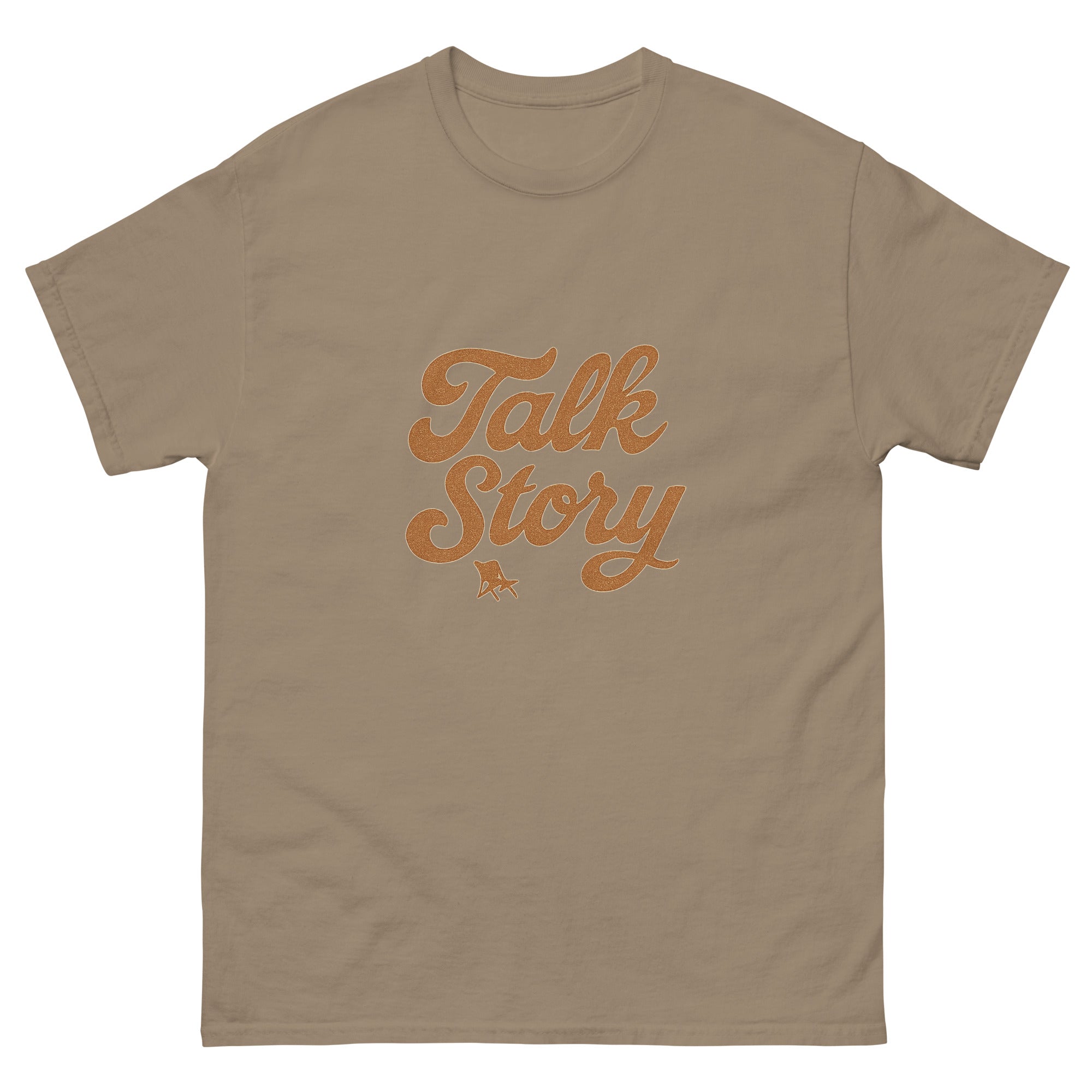 Talk Story Hawaiian t-shirt design on a Brown Savana unisex tee