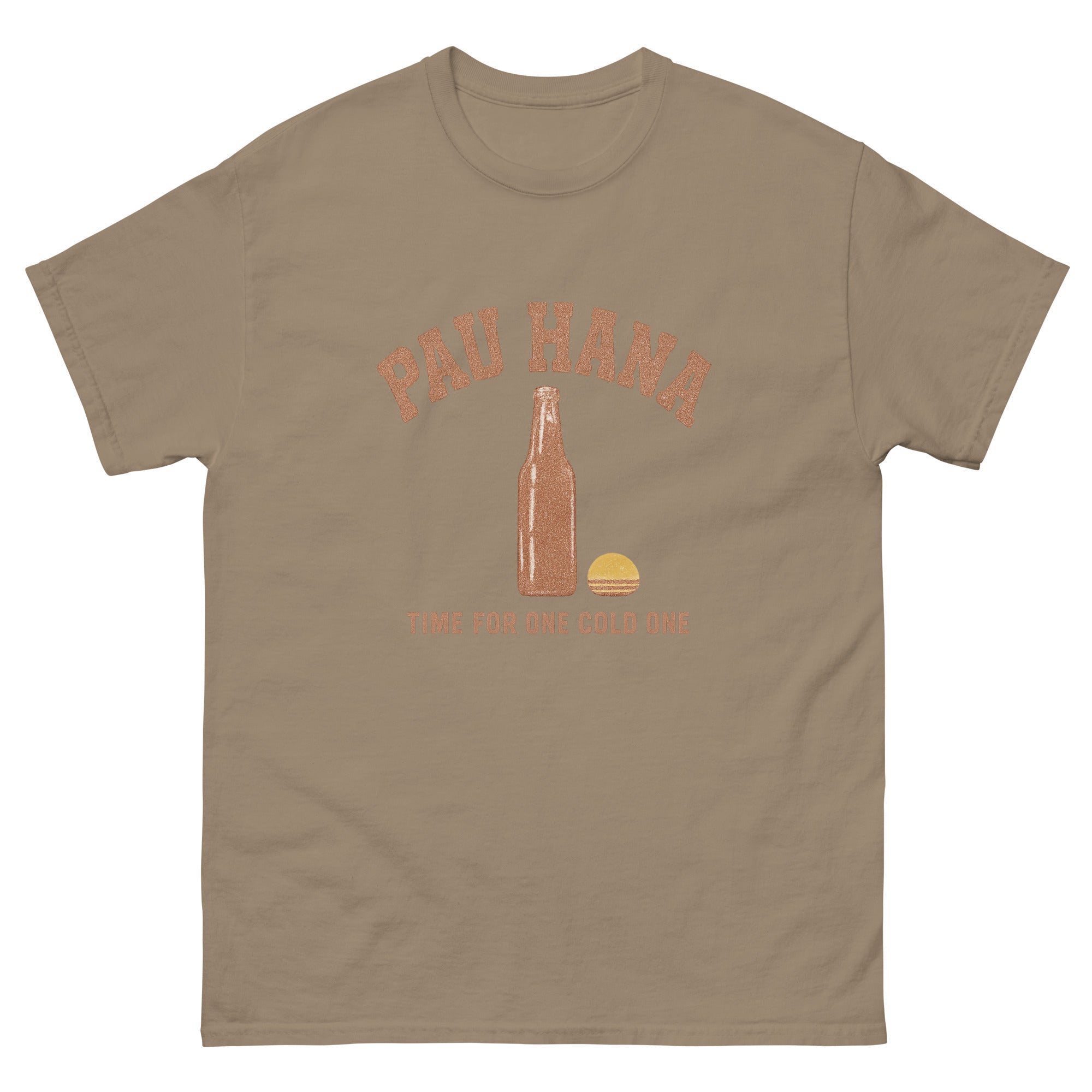 Pau Hana Hawaiian t-shirt design on a Brown Savana unisex tee