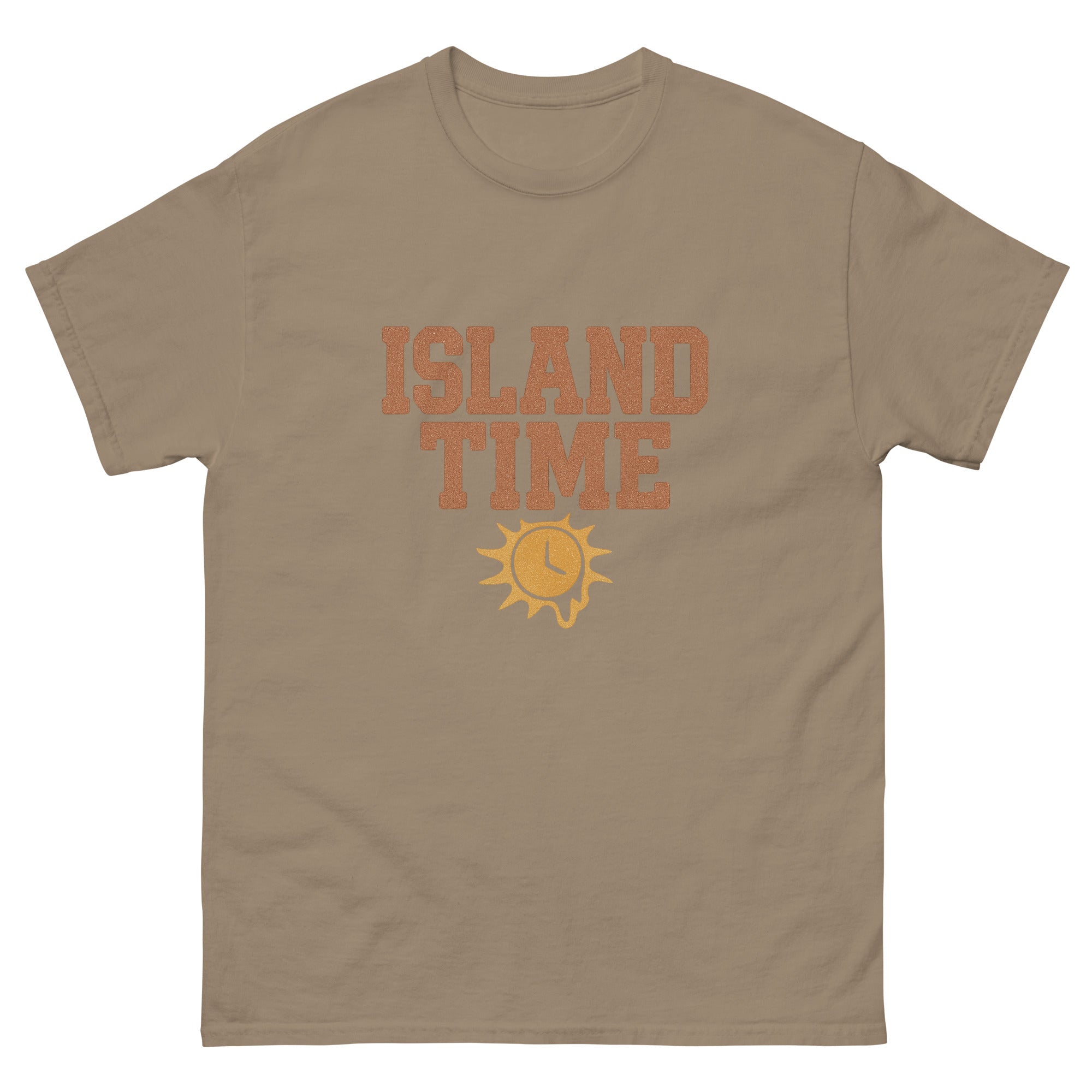 Island Time Hawaiian t-shirt design on a Brown Savana unisex tee
