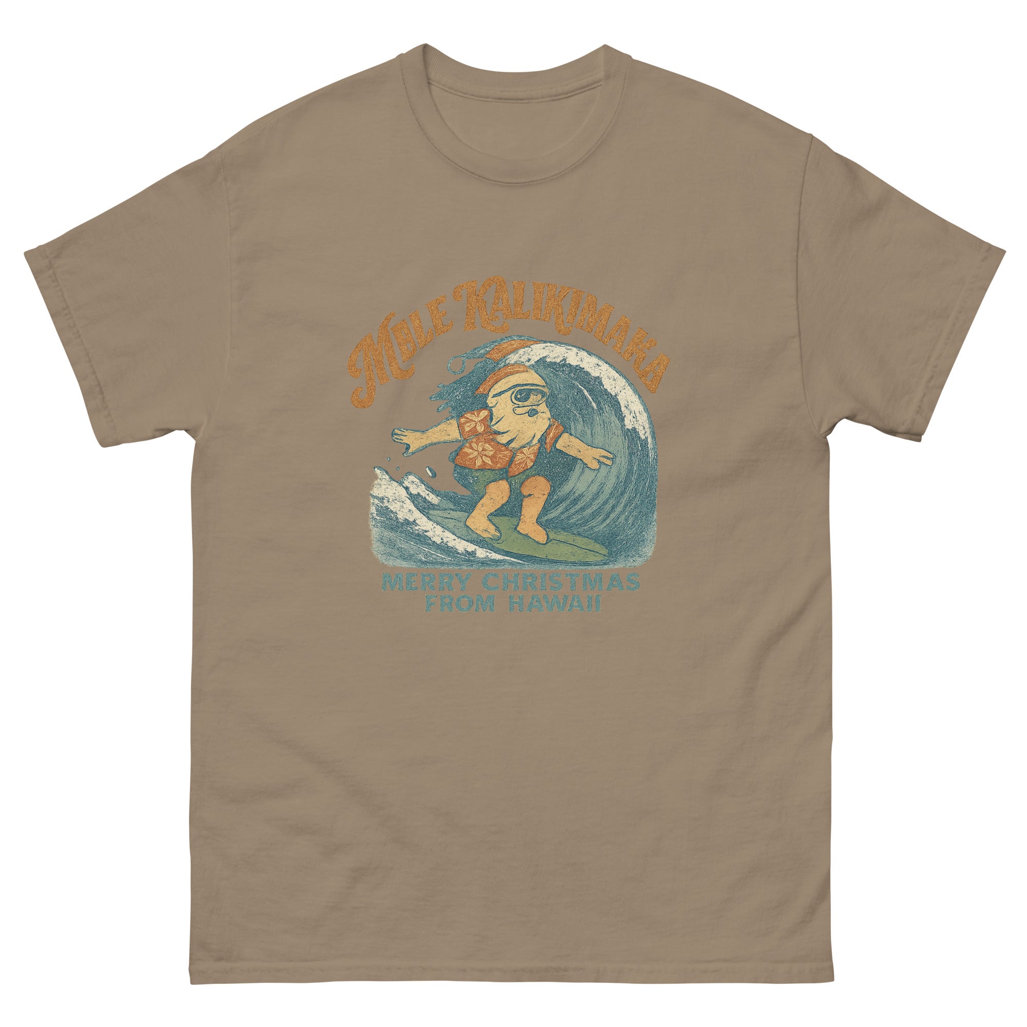 Mele Kalikimaka Hawaiian t-shirt design on a Brown Savana unisex tee