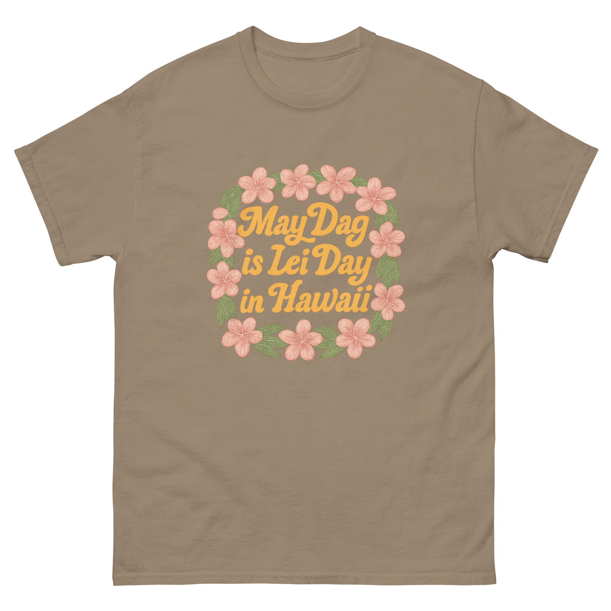 Lei Day Hawaiian t-shirt design on a Brown Savana unisex tee