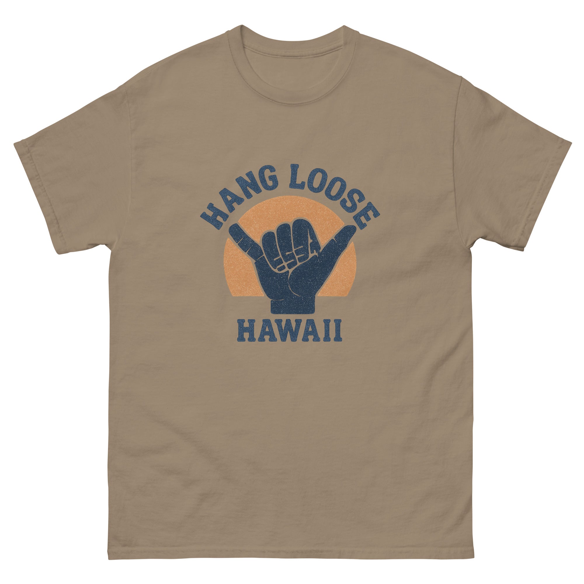 Hang Loose Shaka Hawaiian t-shirt design on a Brown Savana unisex tee