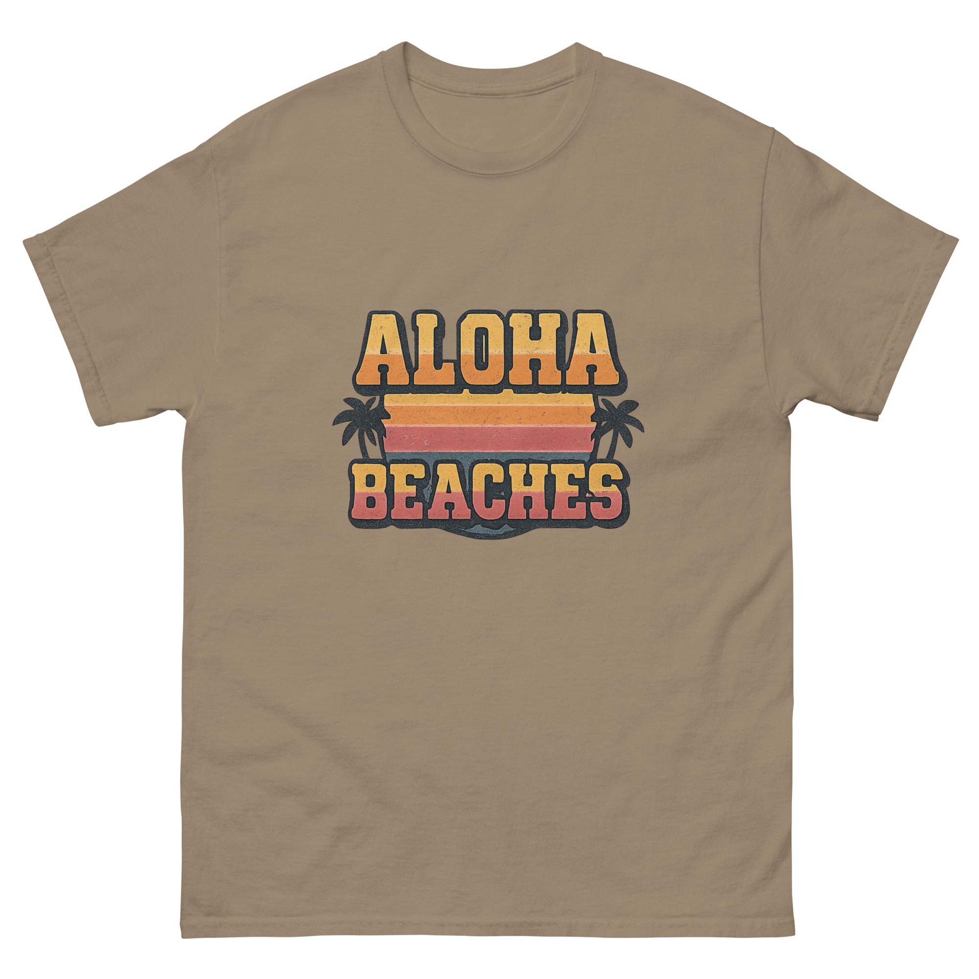 Aloha Beaches Hawaiian t-shirt design on a Brown Savana unisex tee