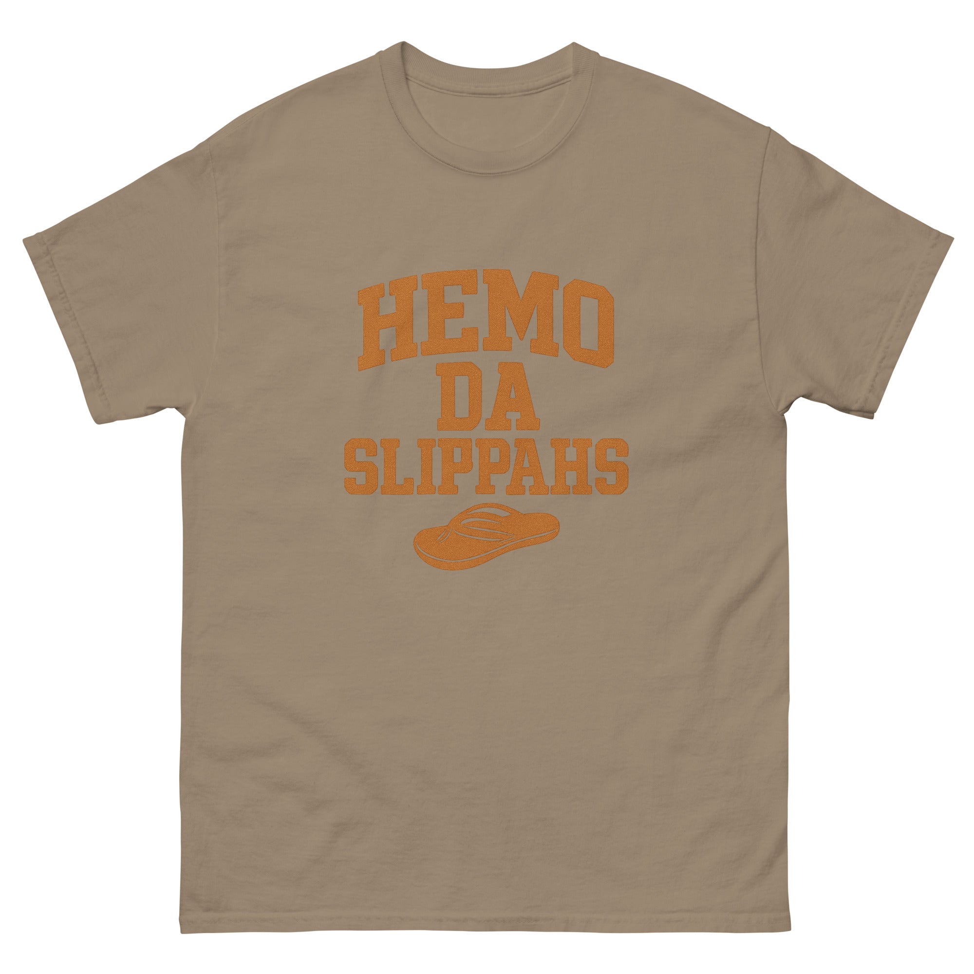 Hemo Da Slippahs Hawaiian t-shirt design on a Brown Savana unisex tee