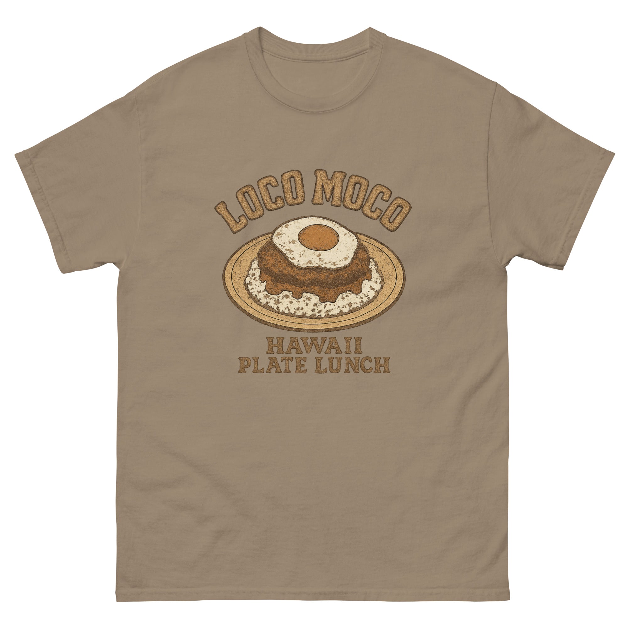 Loco Moco Hawaiian t-shirt design on a Brown Savana unisex tee