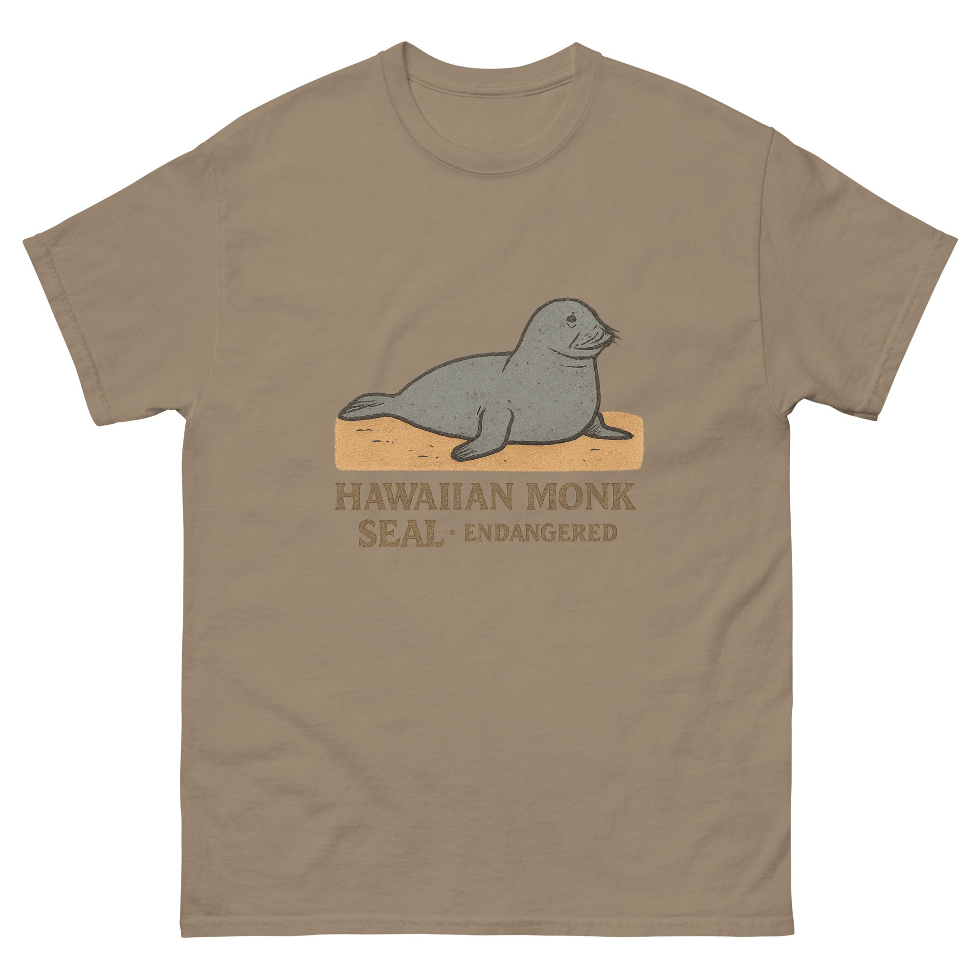 Monk Seal Hawaiian t-shirt design on a Brown Savana unisex tee
