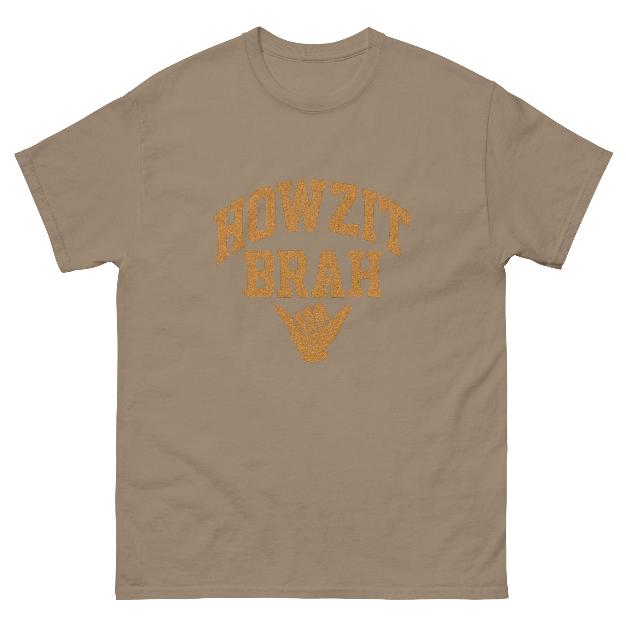 Howzit Brah Hawaiian t-shirt design on a Brown Savana unisex tee