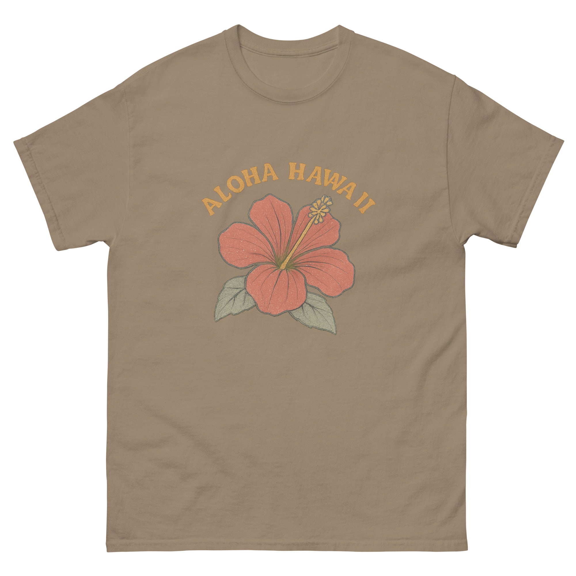 Hibiscus Hawaiian t-shirt design on a Brown Savana unisex tee