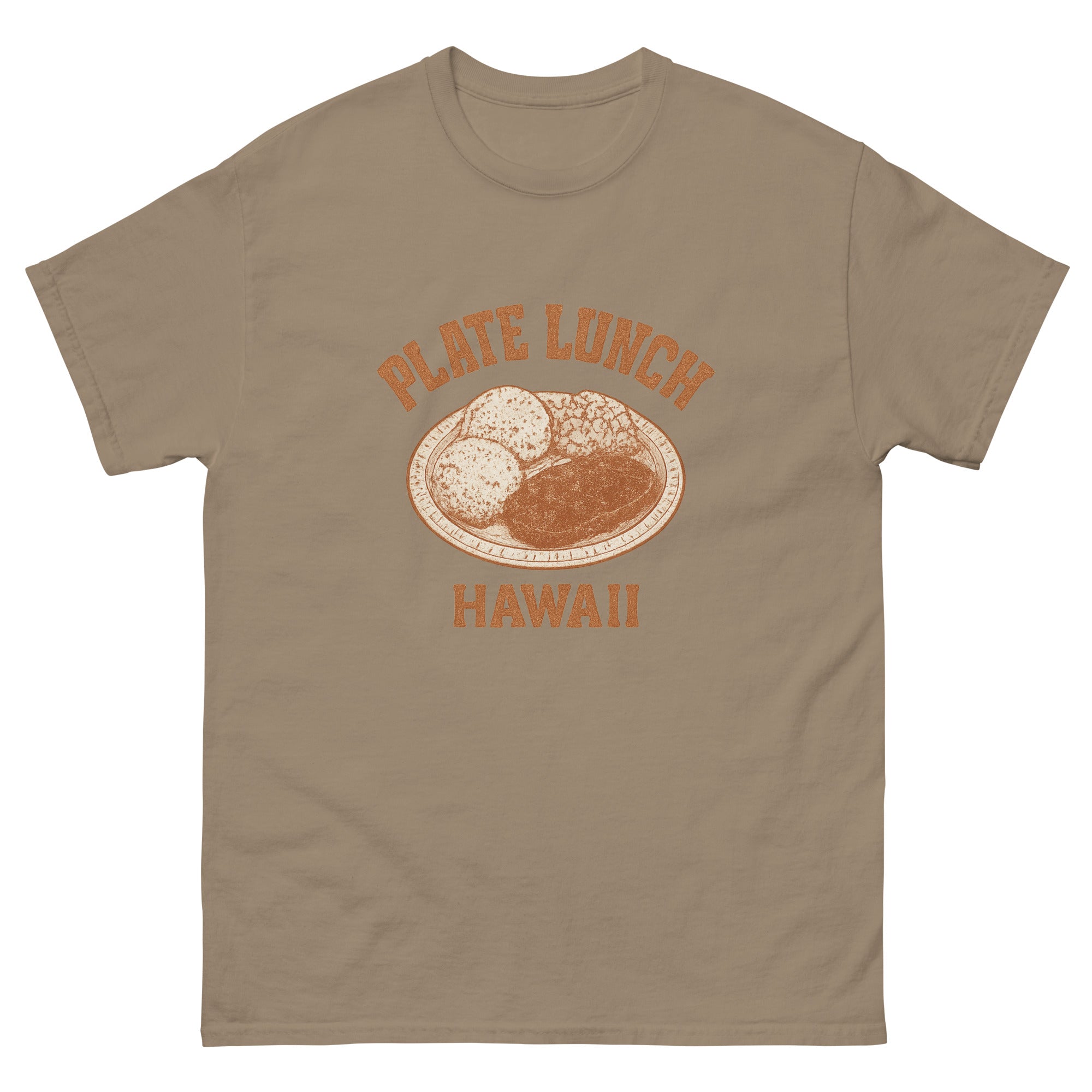 Plate Lunch Hawaiian t-shirt design on a Brown Savana unisex tee