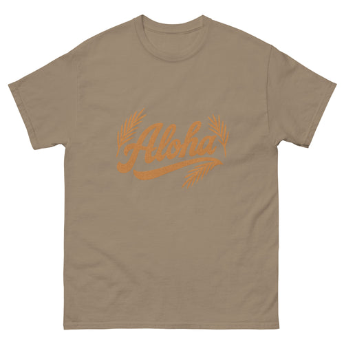 Aloha Script Hawaiian t-shirt design on a Brown Savana unisex tee