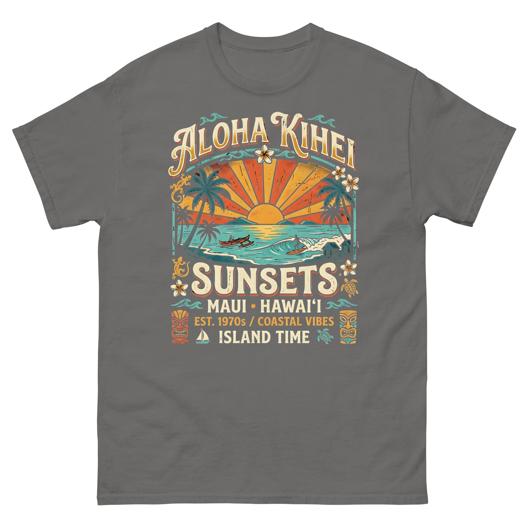 Aloha Kihei Sunsets Hawaiian t-shirt design on a Charcoal unisex tee