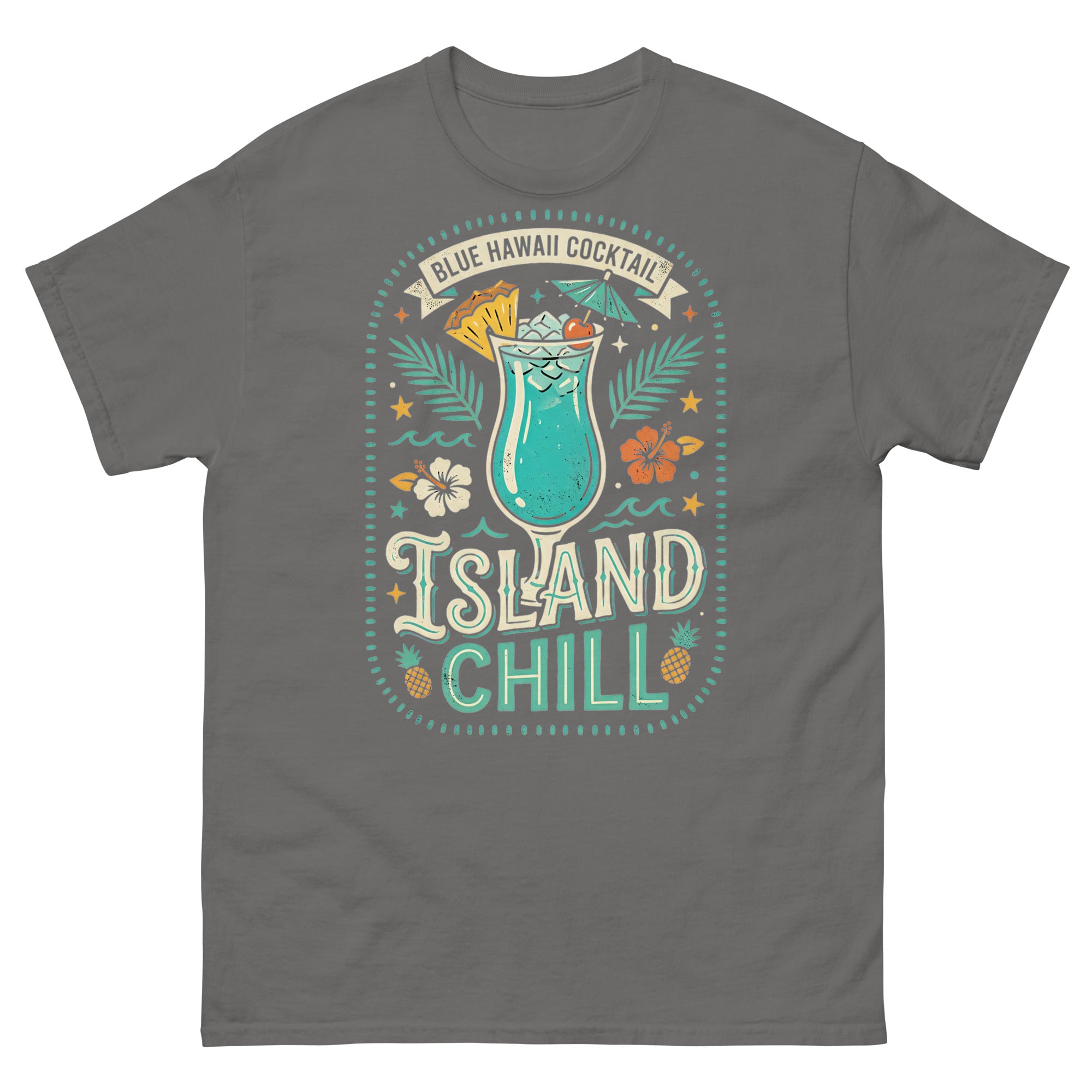 Island Chill | Blue Hawaii Cocktail Hawaiian t-shirt design on a Charcoal unisex tee