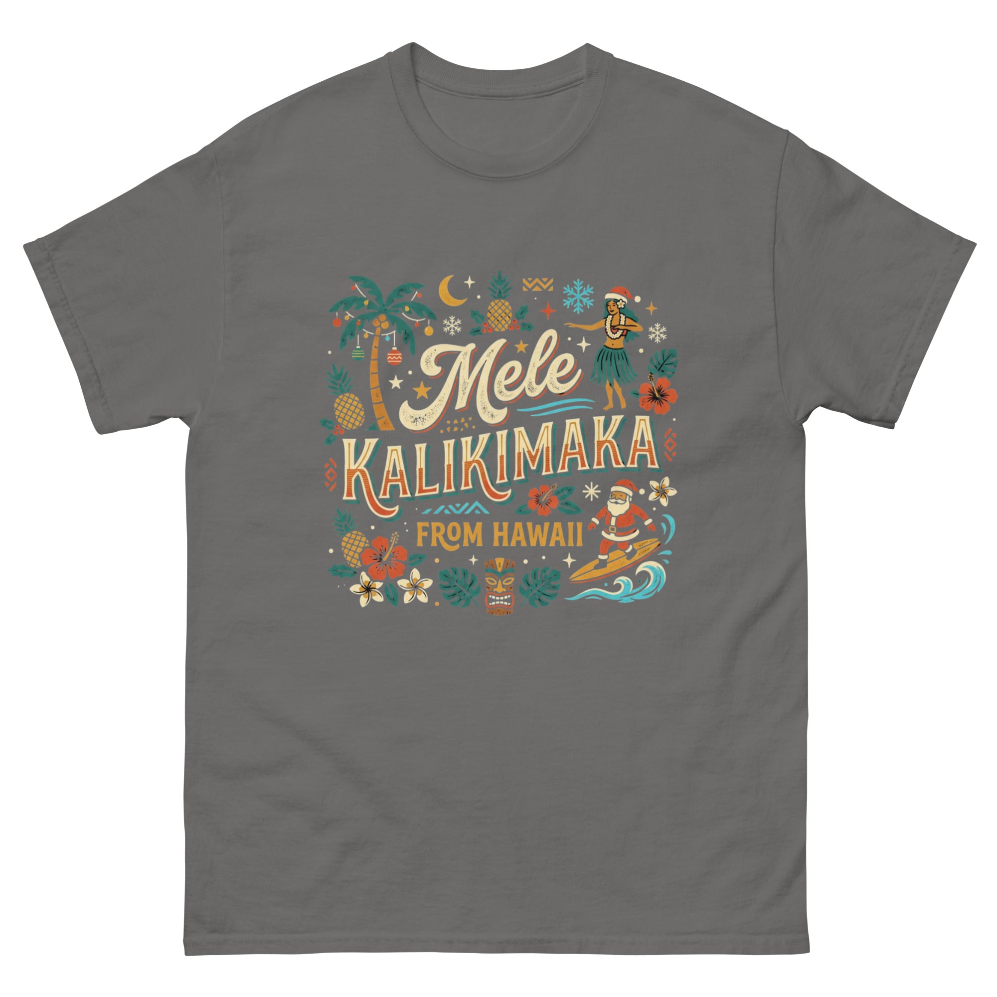 Mele Kalikimaka from Hawaii Hawaiian t-shirt design on a Charcoal unisex tee