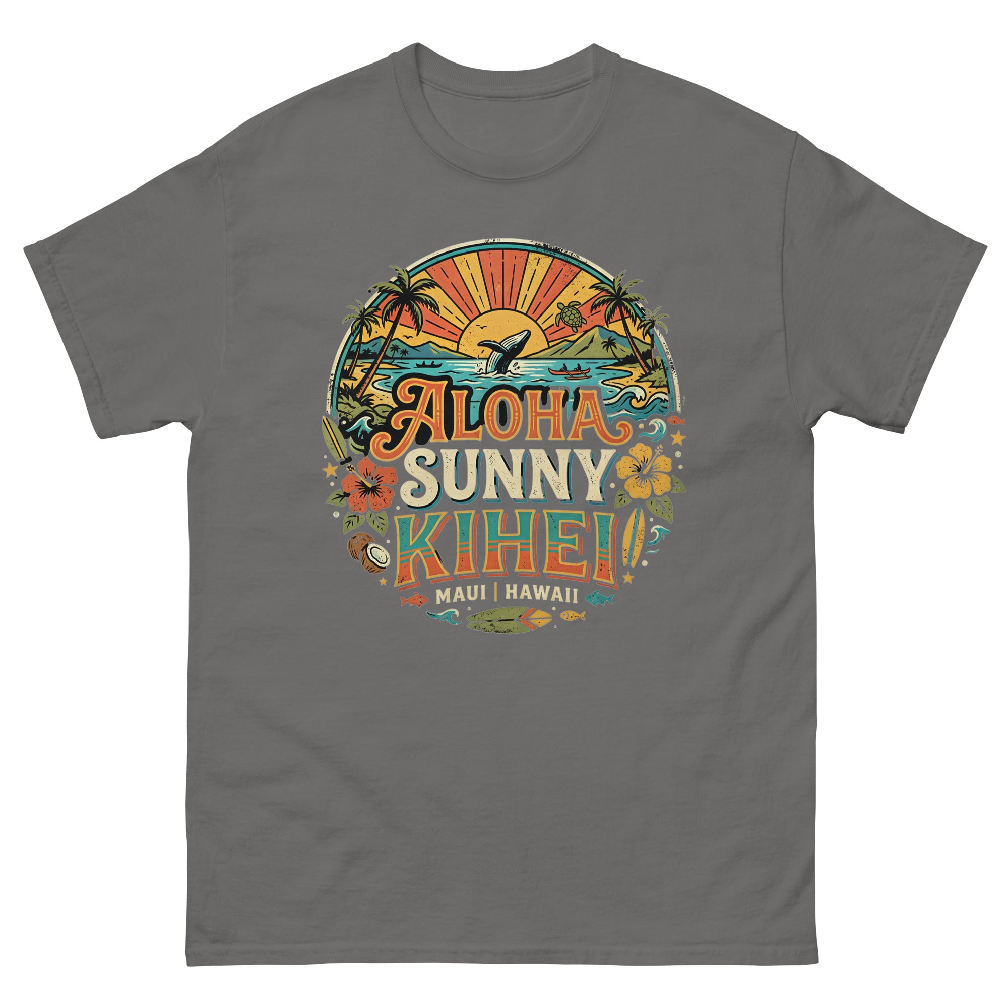 Aloha Sunny Kihei Maui Hawaiian t-shirt design on a Charcoal unisex tee
