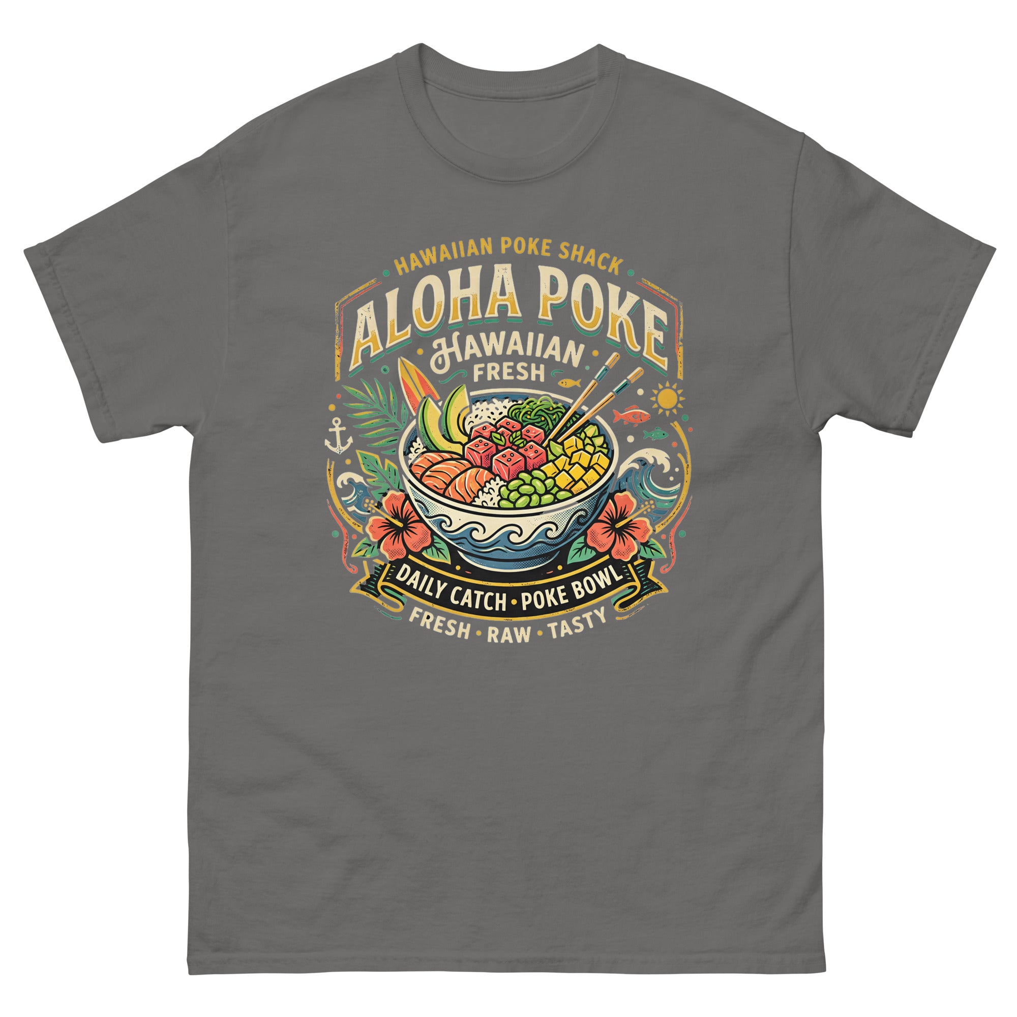 Aloha Poke Hawaiian Poke Shack Hawaiian t-shirt design on a Charcoal unisex tee