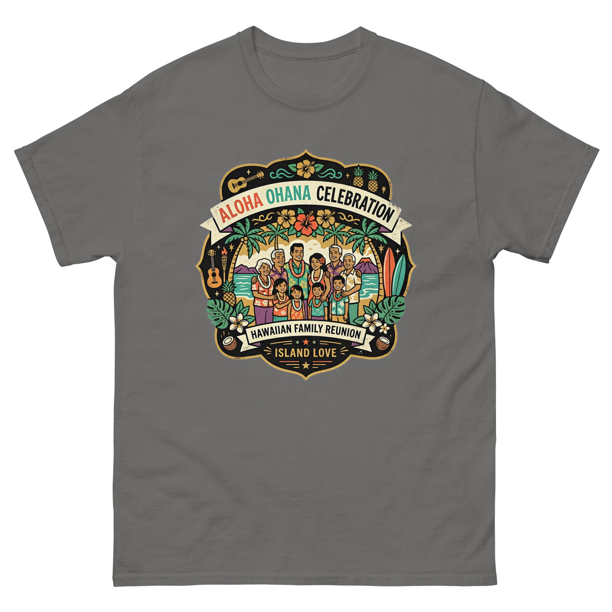 Ohana Family Reunion Gathering Hawaiian t-shirt design on a Charcoal unisex tee