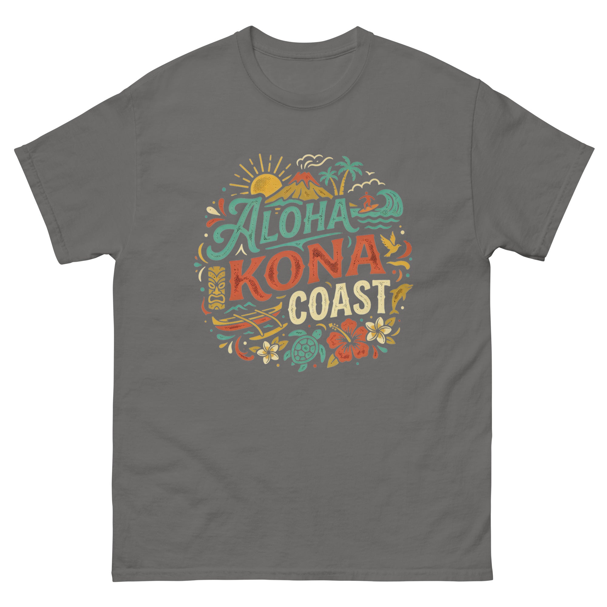 Aloha Kona Coast Hawaiian t-shirt design on a Charcoal unisex tee