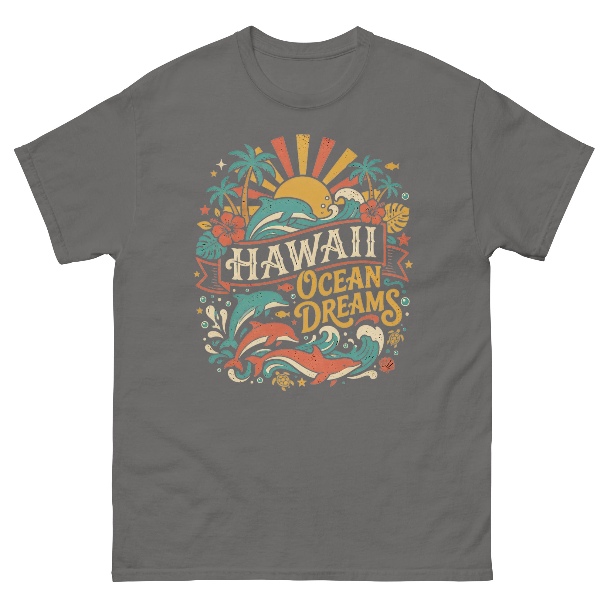Aloha State Dolphins v3 Hawaiian t-shirt design on a Charcoal unisex tee