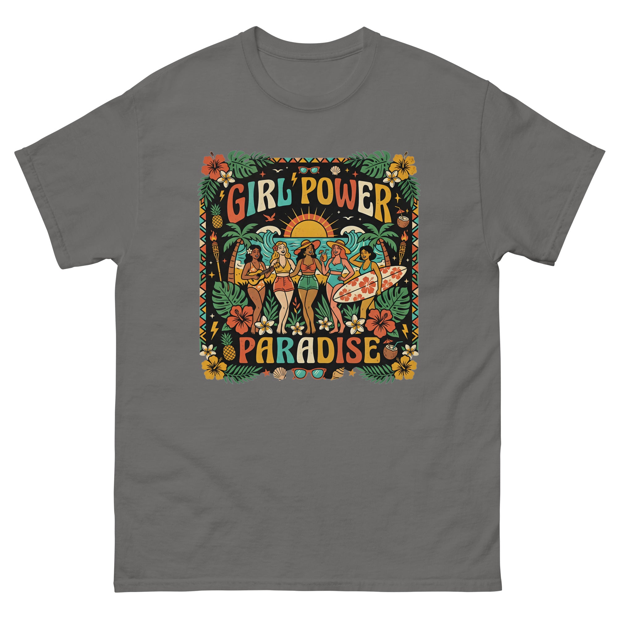 Aloha Sisters Hawaiian t-shirt design on a Charcoal unisex tee