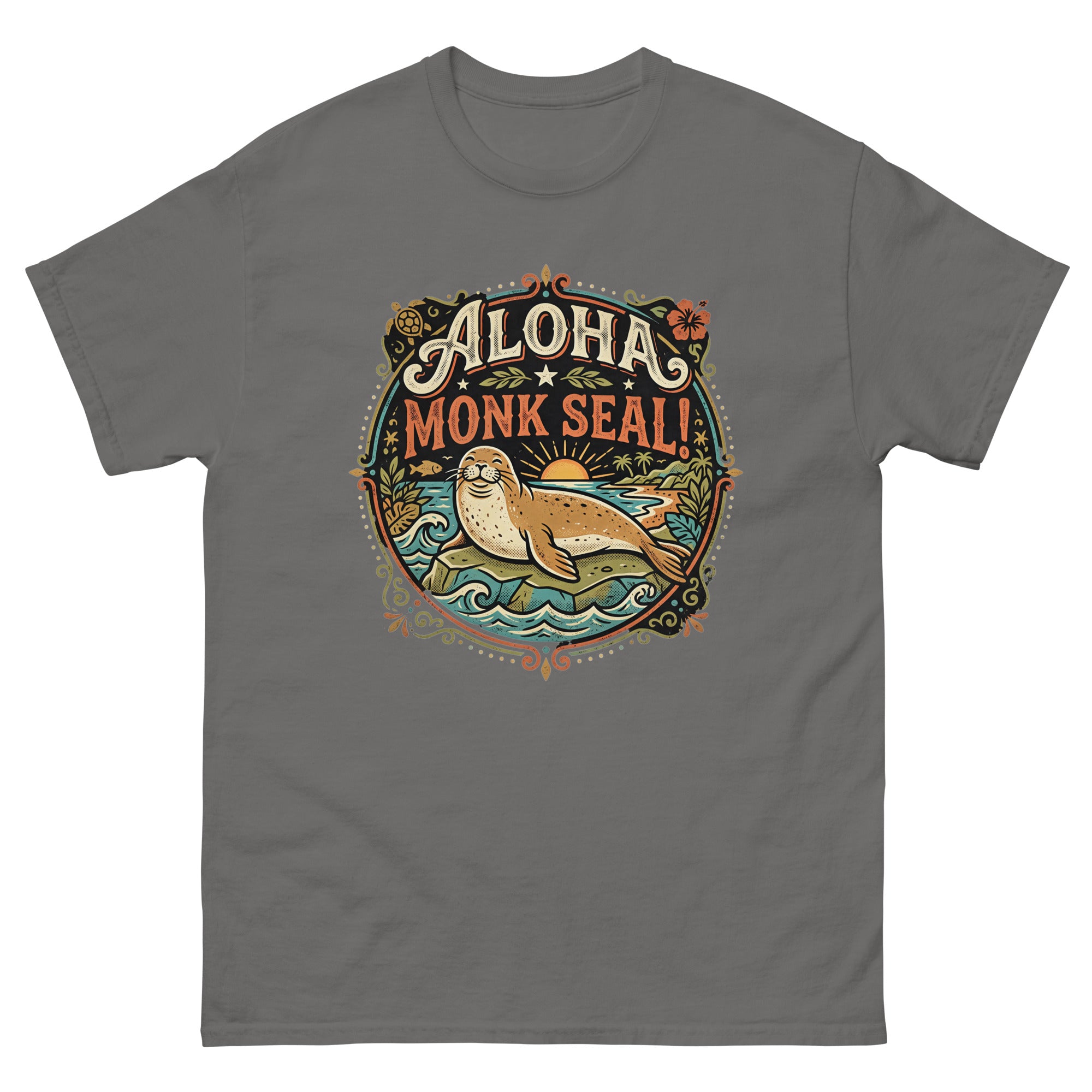 Aloha Monk Seal Emblem Hawaiian t-shirt design on a Charcoal unisex tee