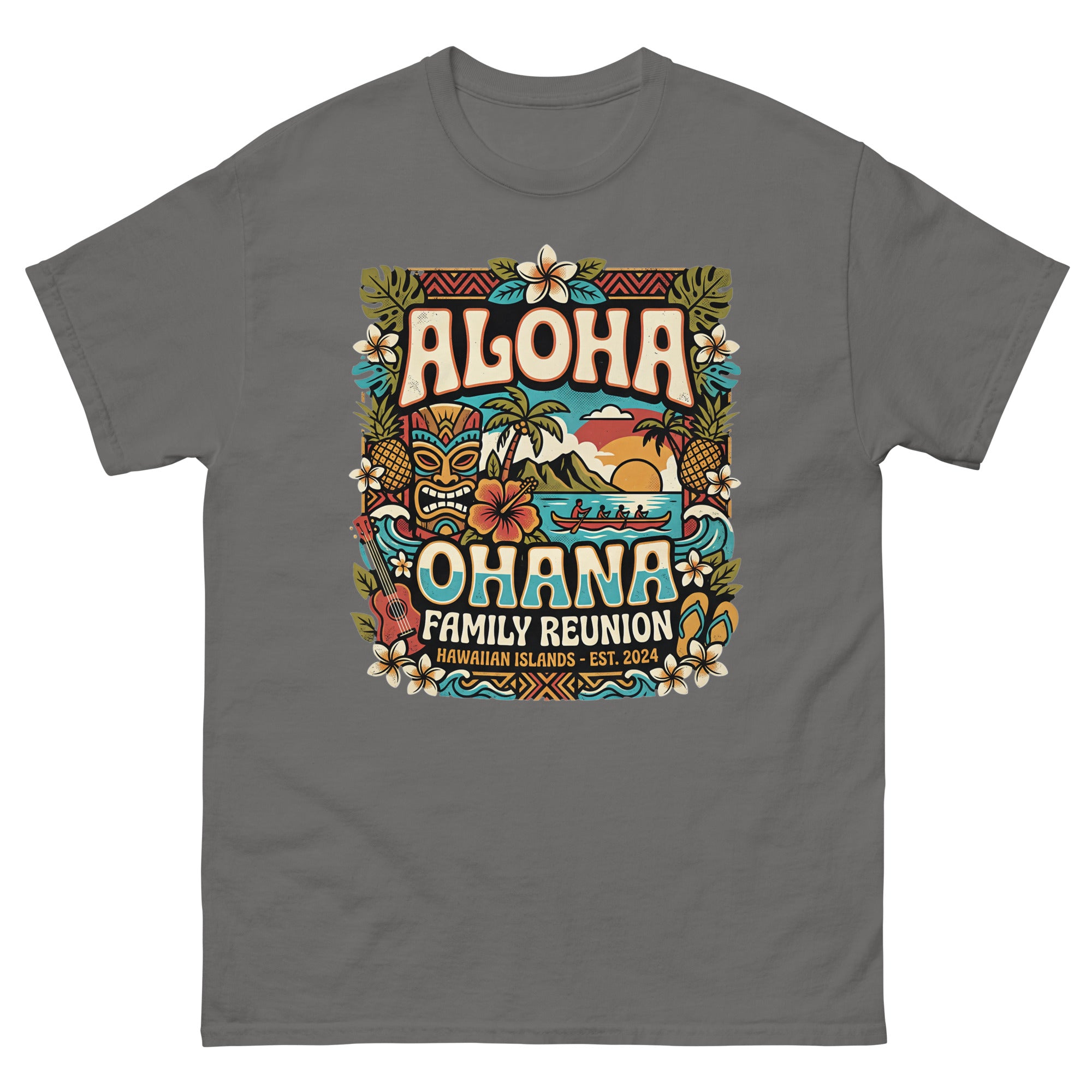 Ohana Family Reunion Gathering v4 Hawaiian t-shirt design on a Charcoal unisex tee