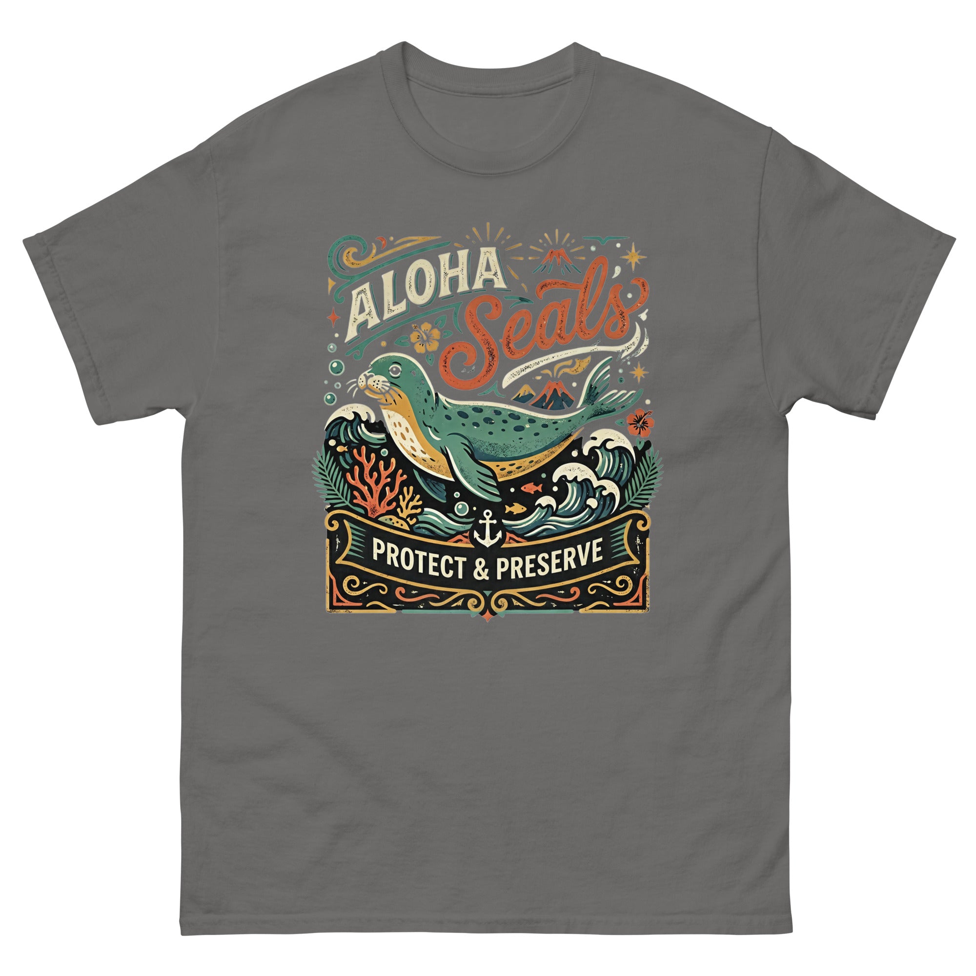 Aloha Seals Protect and Preserve Hawaiian t-shirt design on a Charcoal unisex tee