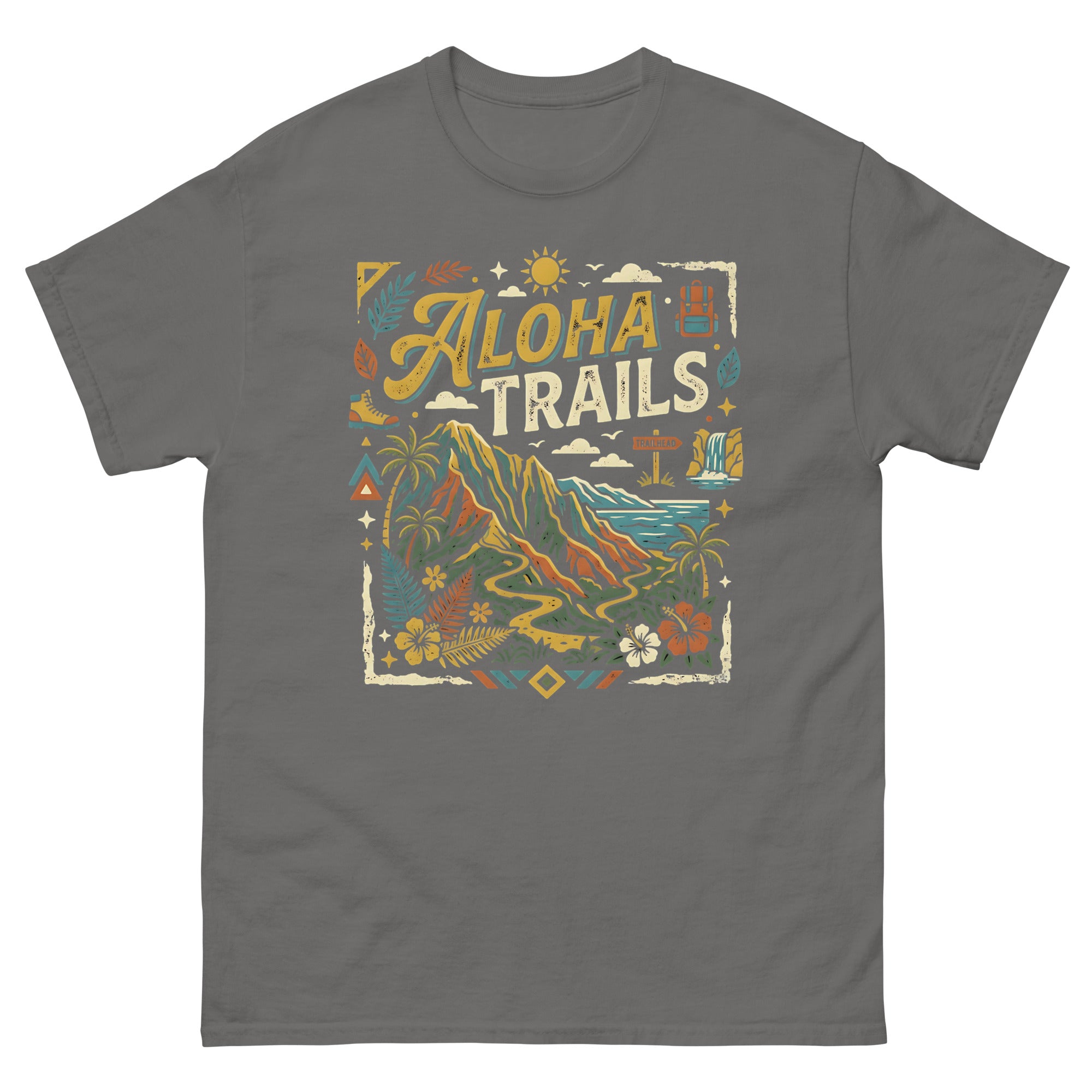 Aloha Trails v1 Hawaiian t-shirt design on a Charcoal unisex tee