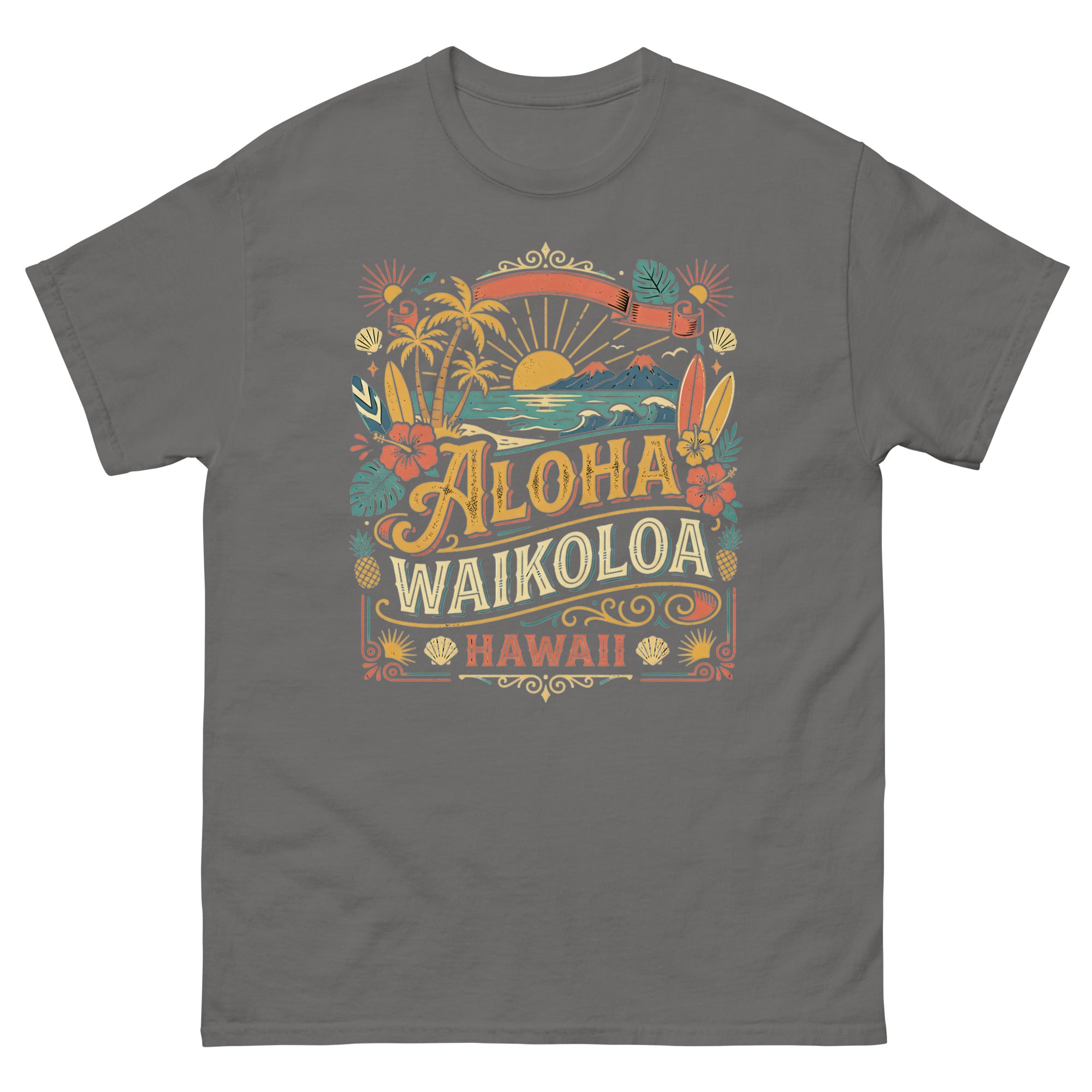 Aloha Waikoloa Hawaii Hawaiian t-shirt design on a Charcoal unisex tee