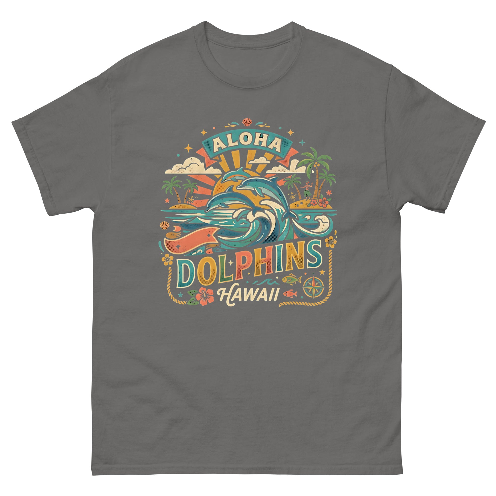 Aloha State Dolphins v4 Hawaiian t-shirt design on a Charcoal unisex tee