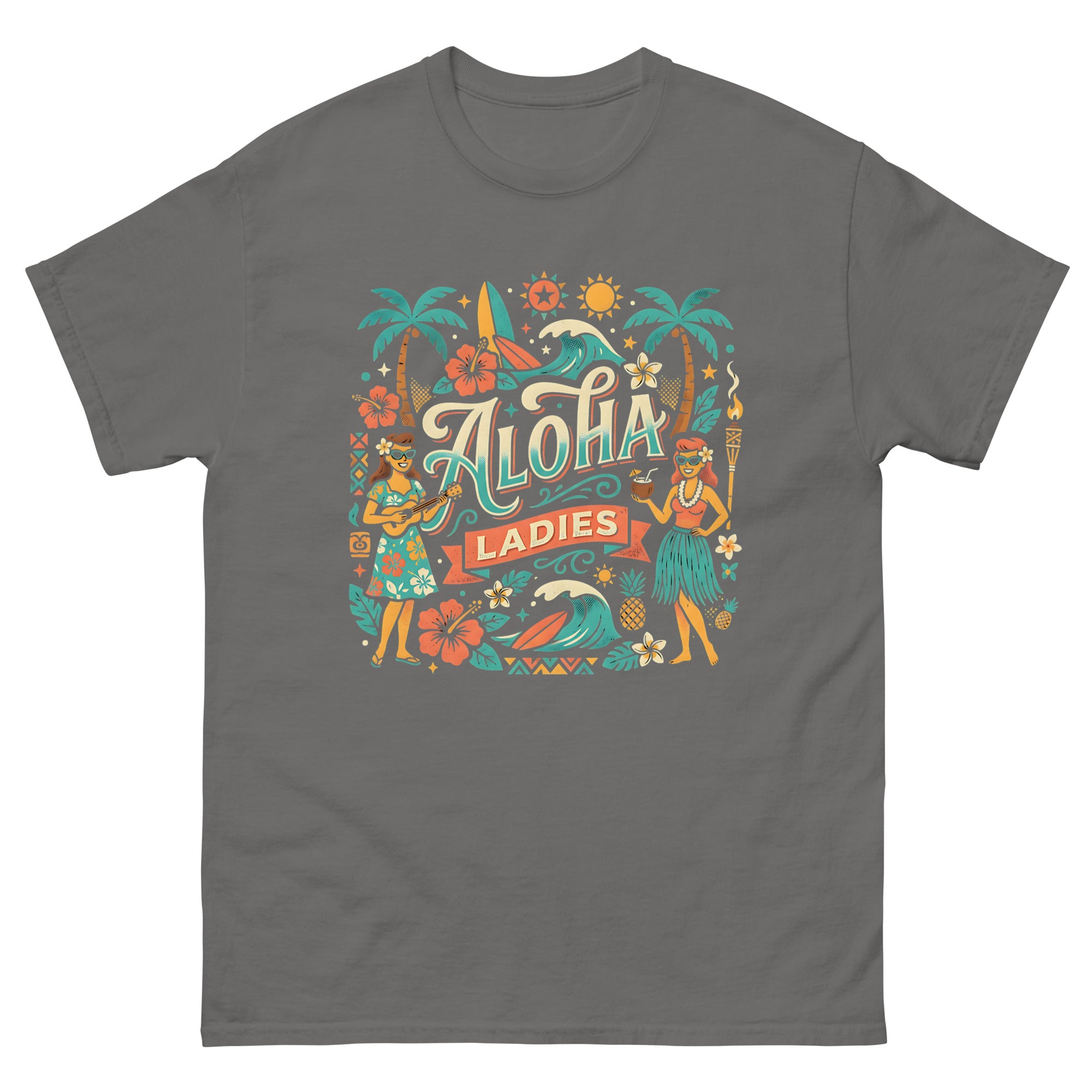 Aloha Sisters v3 Hawaiian t-shirt design on a Charcoal unisex tee