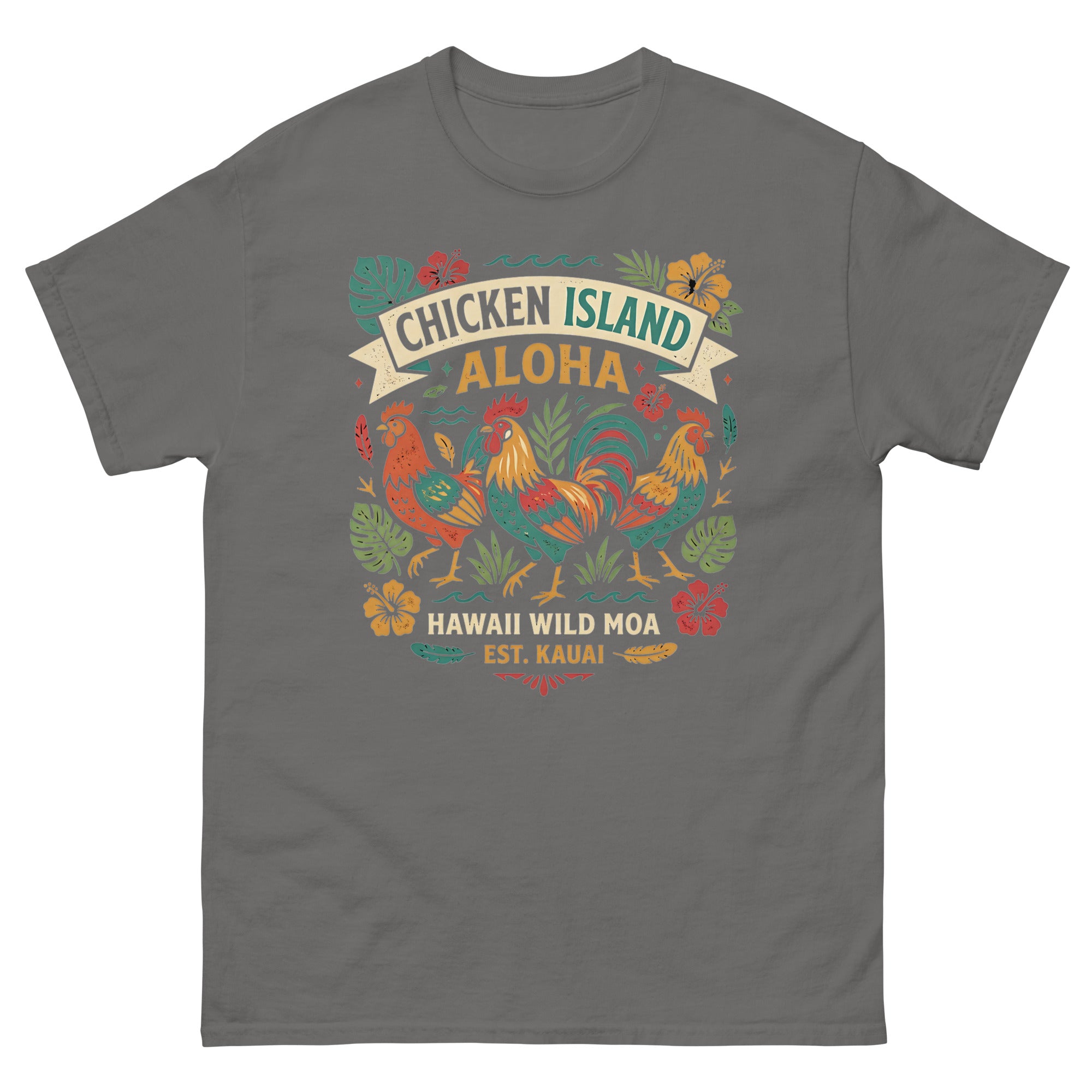 Chicken Island Aloha Kauai v1 Hawaiian t-shirt design on a Charcoal unisex tee