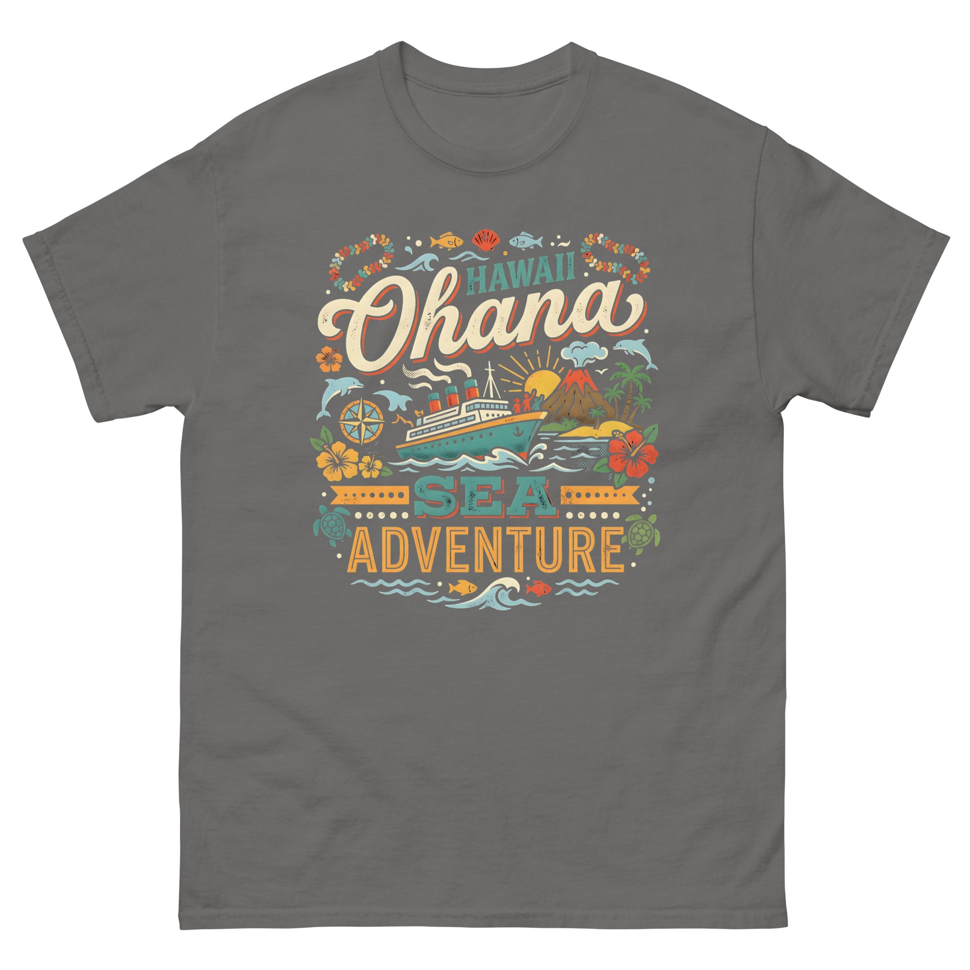Hawaii Ohana Sea Adventure v1 Hawaiian t-shirt design on a Charcoal unisex tee