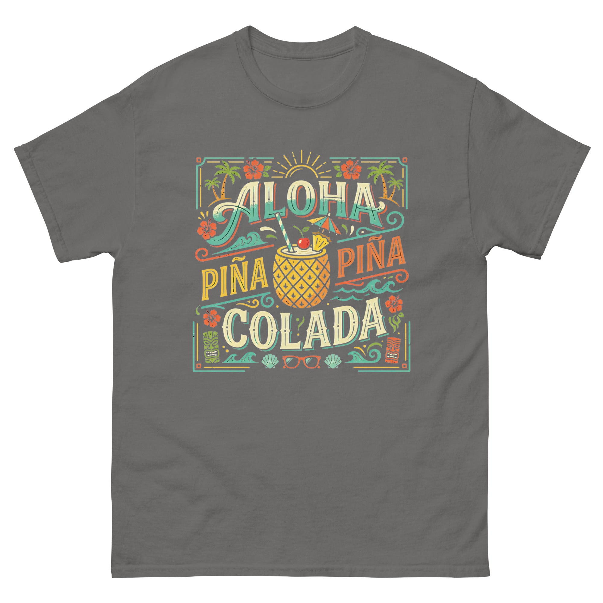 Hawaii Pina Coladas Aloha in a Glass v3 Hawaiian t-shirt design on a Charcoal unisex tee