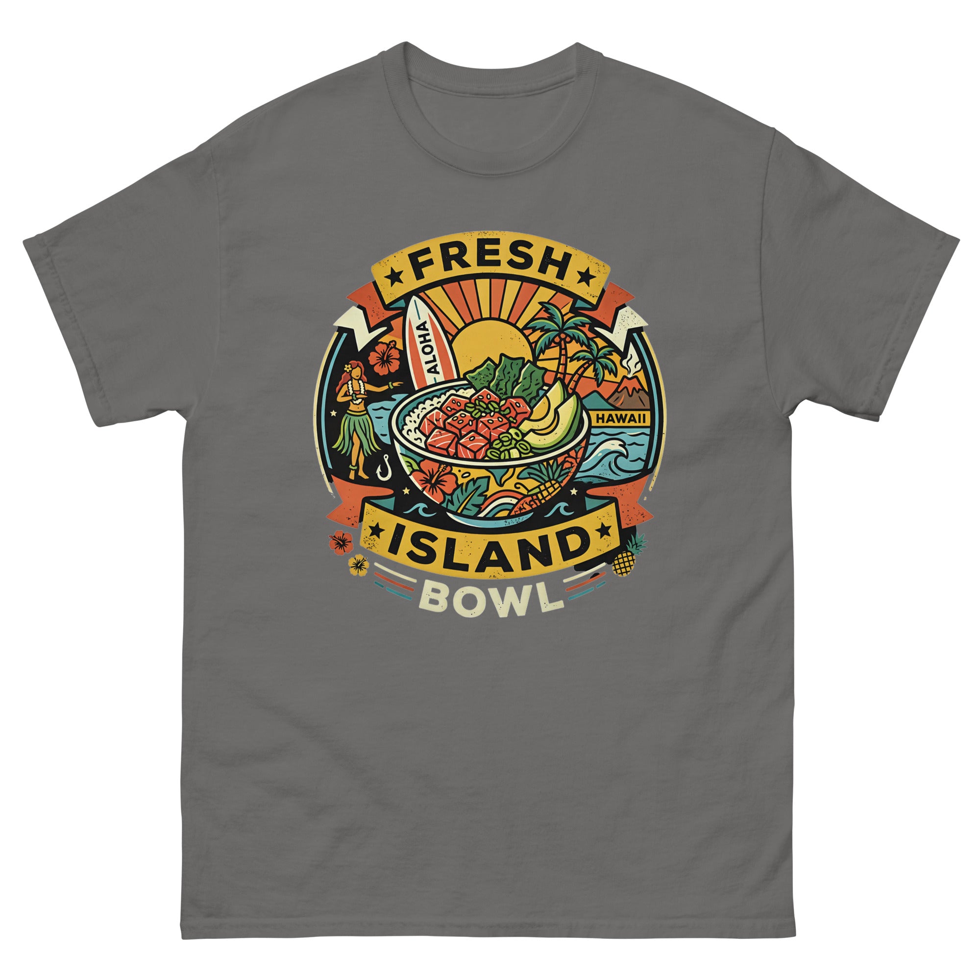 Fresh Island Bowl Hawaii Hawaiian t-shirt design on a Charcoal unisex tee