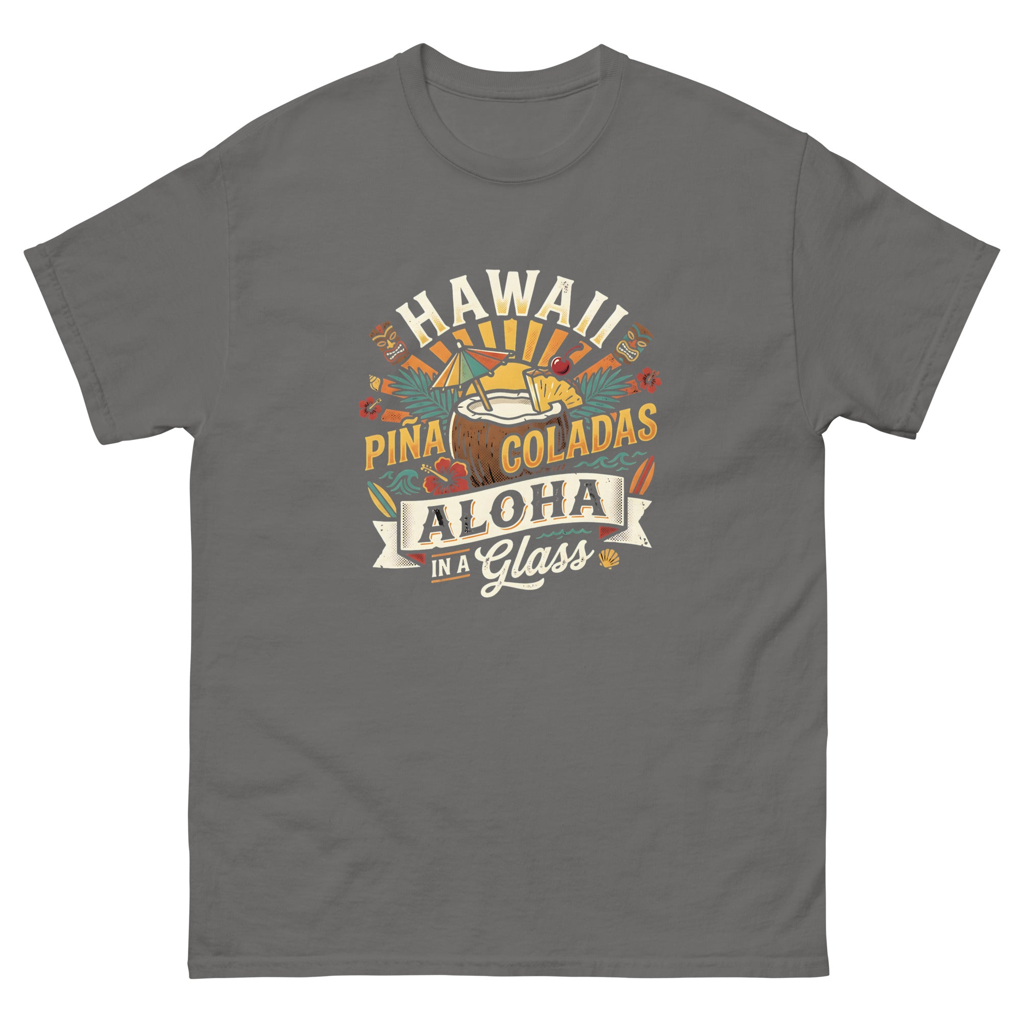 Hawaii Pina Coladas Aloha in a Glass v1 Hawaiian t-shirt design on a Charcoal unisex tee