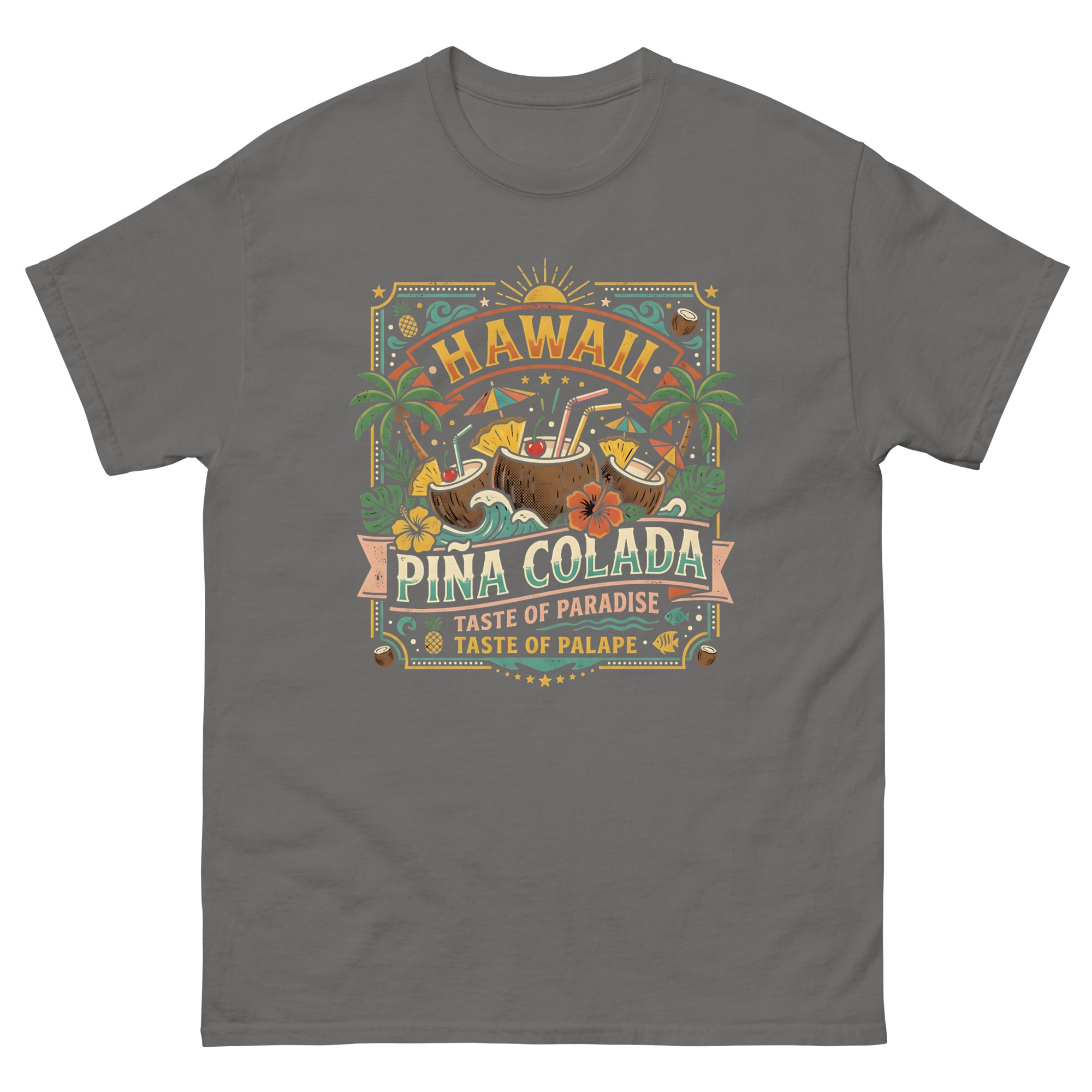 Hawaii Pina Coladas Aloha in a Glass v2 Hawaiian t-shirt design on a Charcoal unisex tee