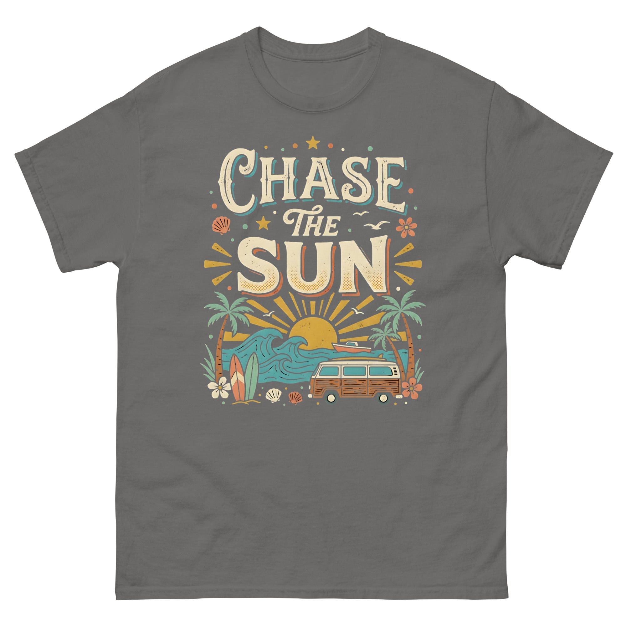 Chasing the Sun v4 Hawaiian t-shirt design on a Charcoal unisex tee