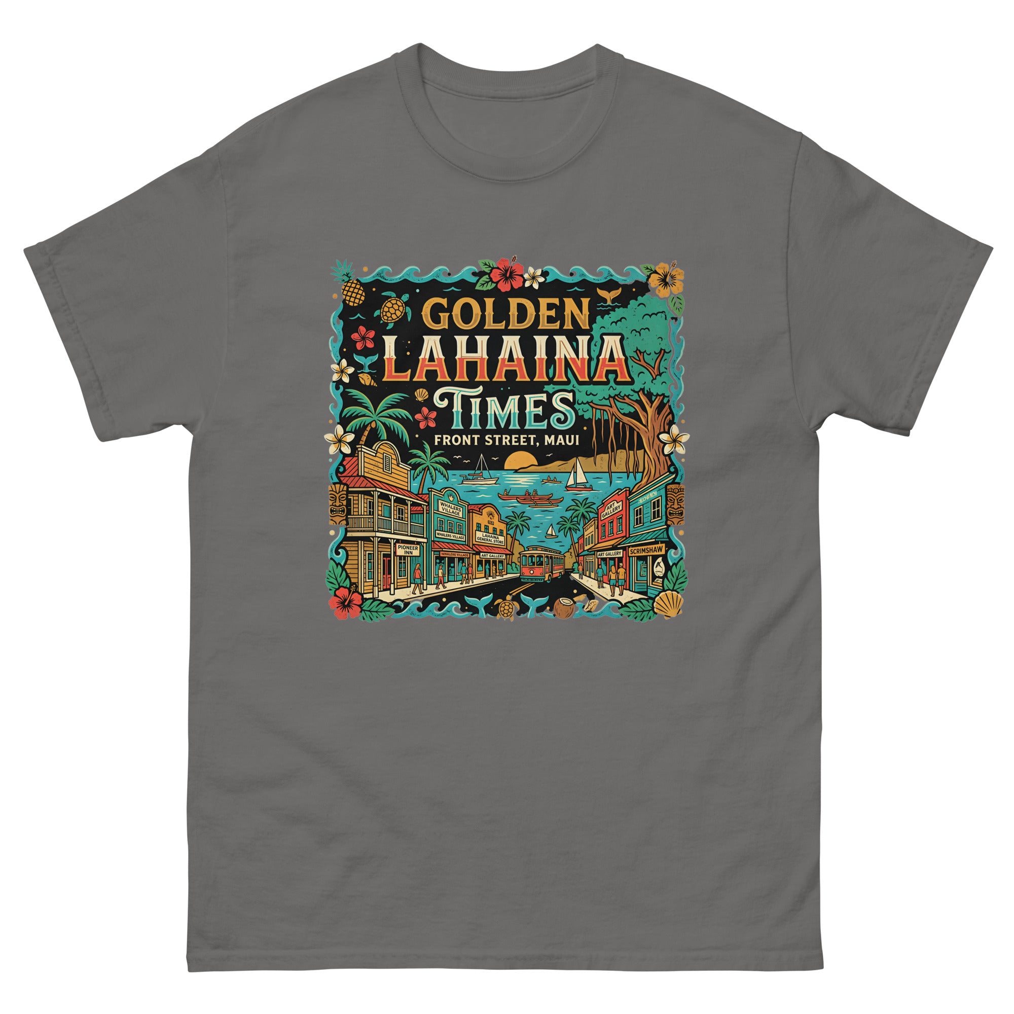 Golden Lahaina Times Front Street Hawaiian t-shirt design on a Charcoal unisex tee