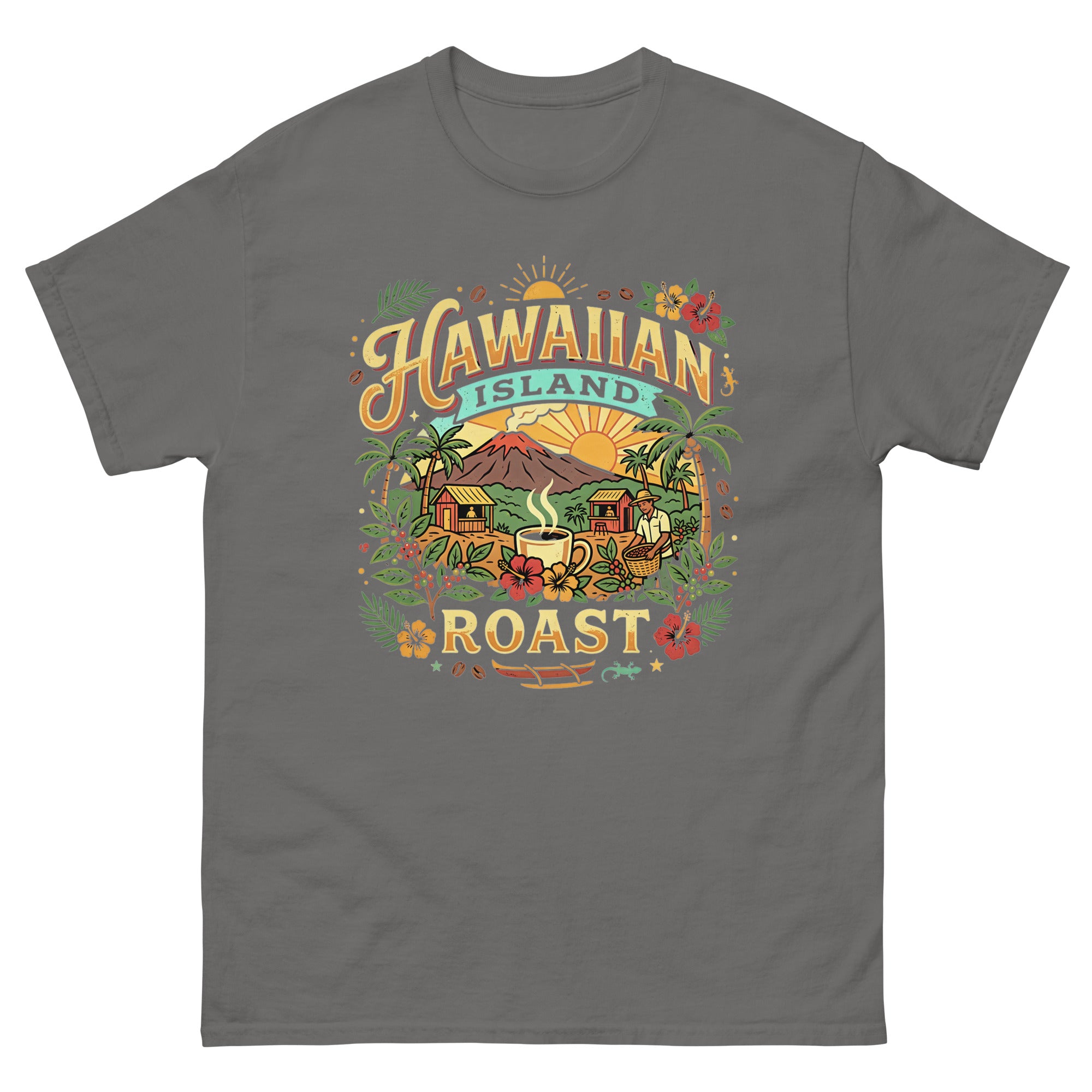 Hawaiian Island Roast Hawaiian t-shirt design on a Charcoal unisex tee