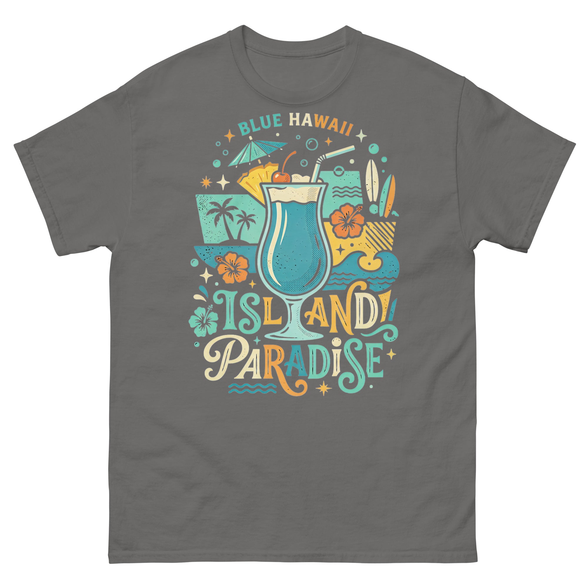 Blue Hawaii Island Paradise v1 Hawaiian t-shirt design on a Charcoal unisex tee