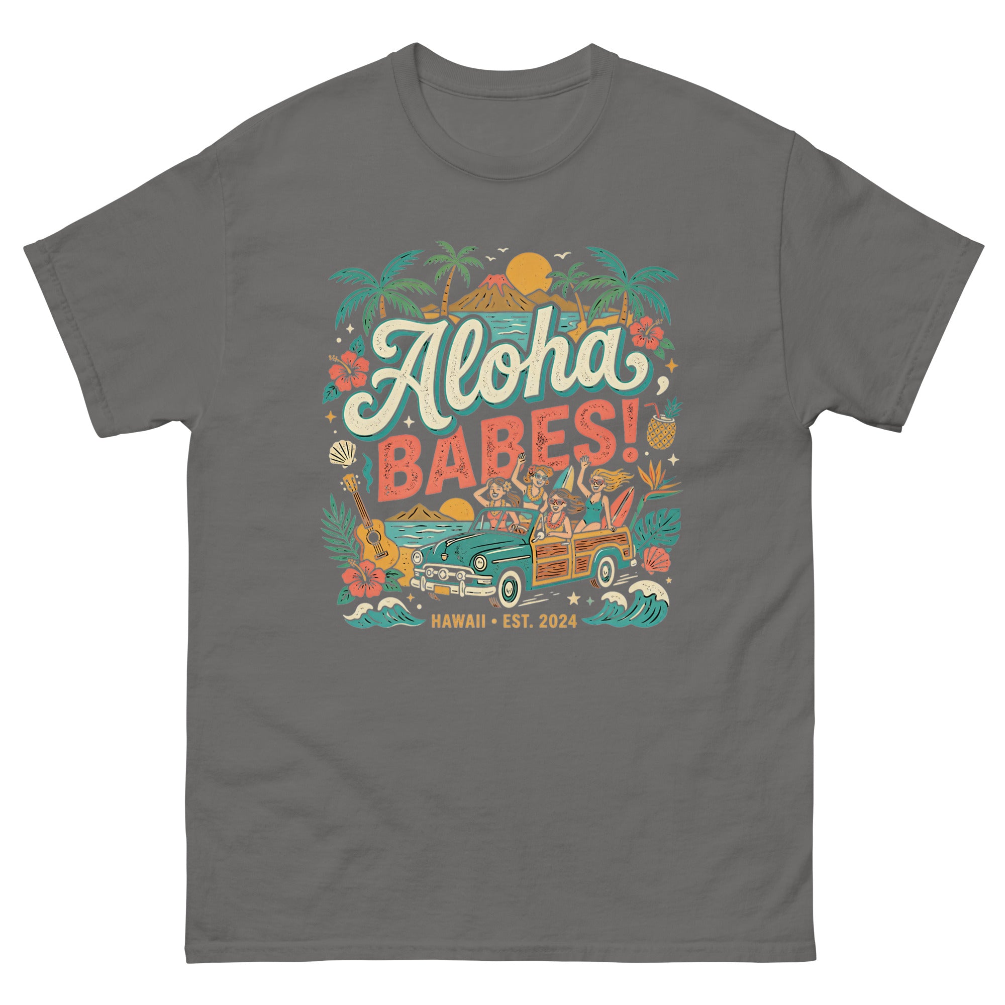 Aloha Sisters v4 Hawaiian t-shirt design on a Charcoal unisex tee