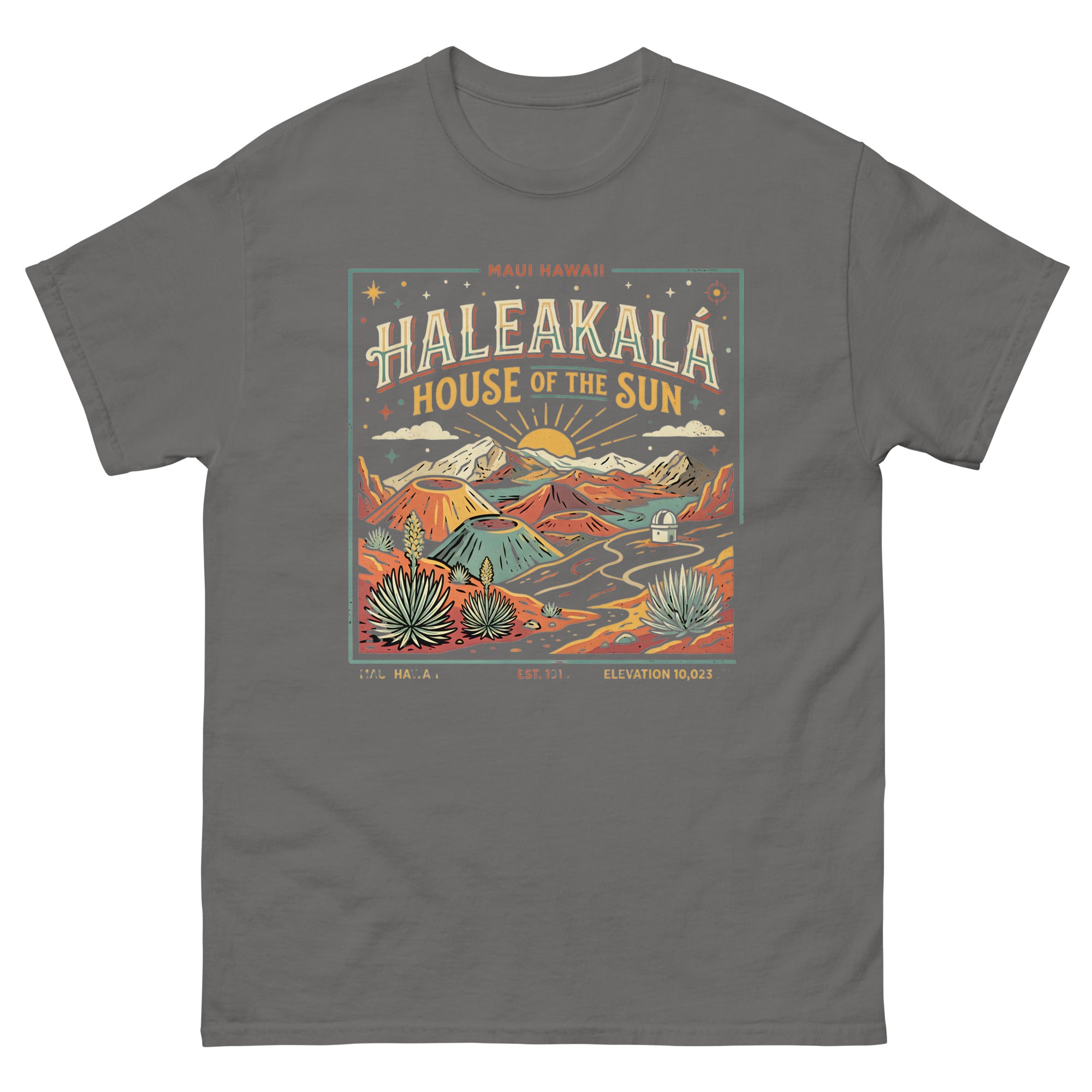 Haleakala House of the Sun Hawaiian t-shirt design on a Charcoal unisex tee