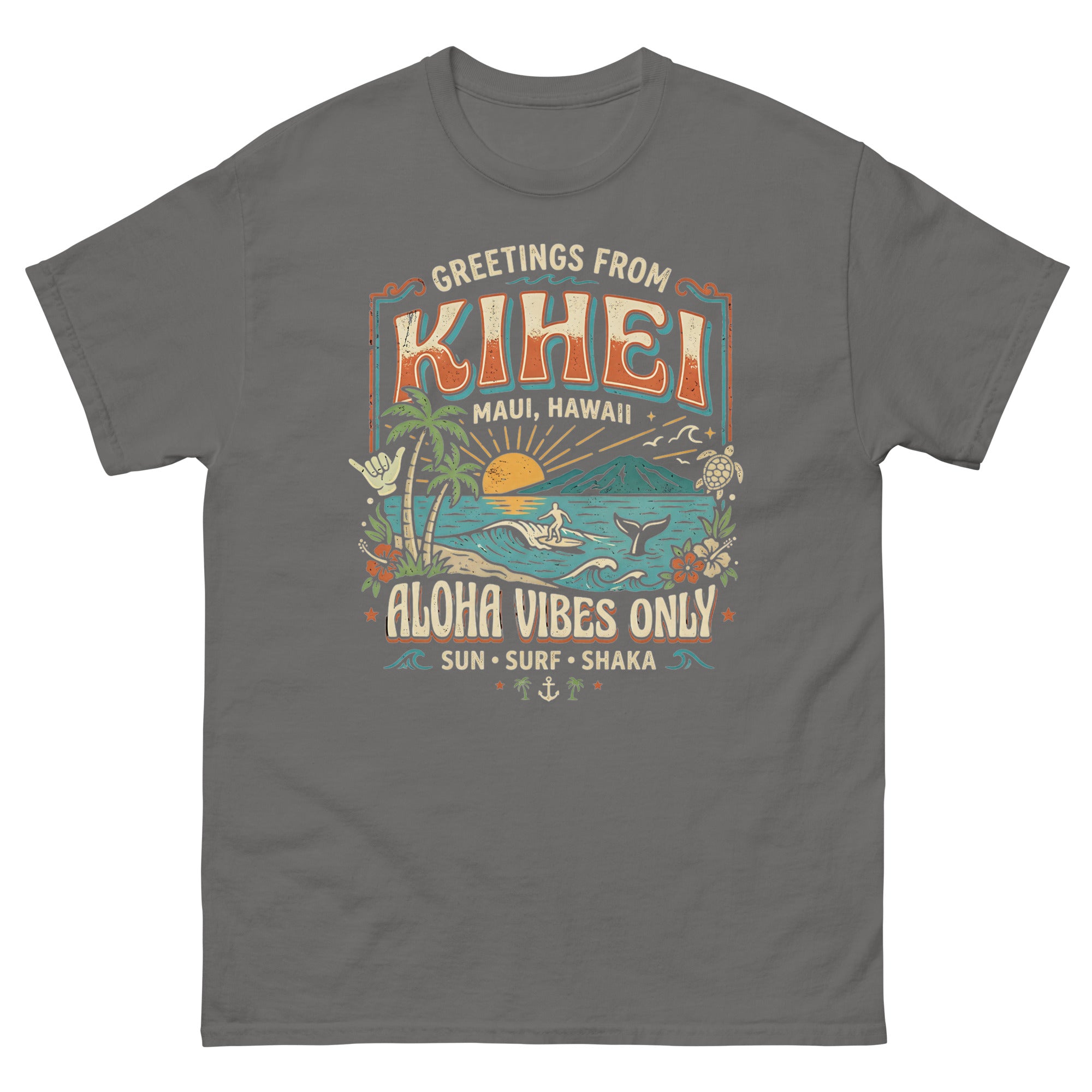 Greetings from Kihei Hawaiian t-shirt design on a Charcoal unisex tee