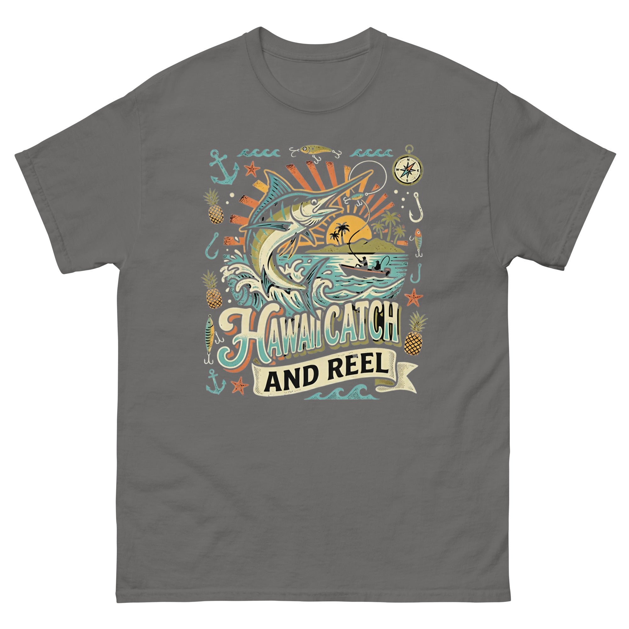 Hawaii Catch and Reel Hawaiian t-shirt design on a Charcoal unisex tee