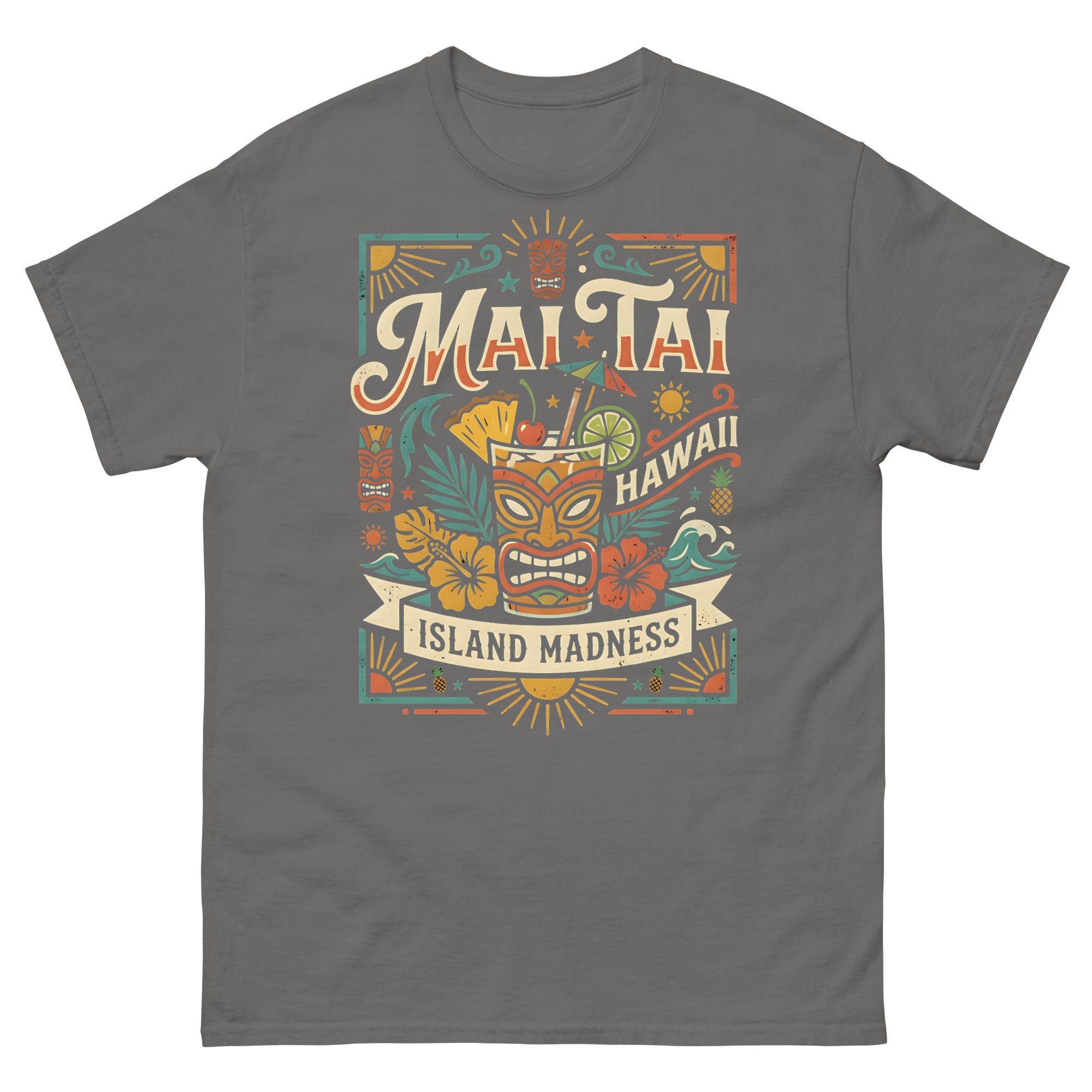 Island Mai Tai Time Hawaiian t-shirt design on a Charcoal unisex tee