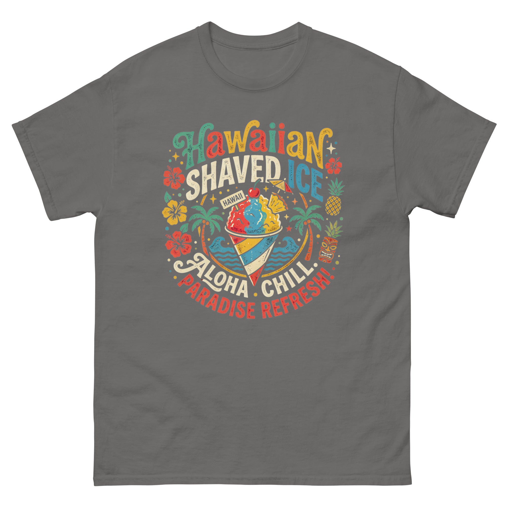 Hawaiian Shaved Ice Hawaiian t-shirt design on a Charcoal unisex tee