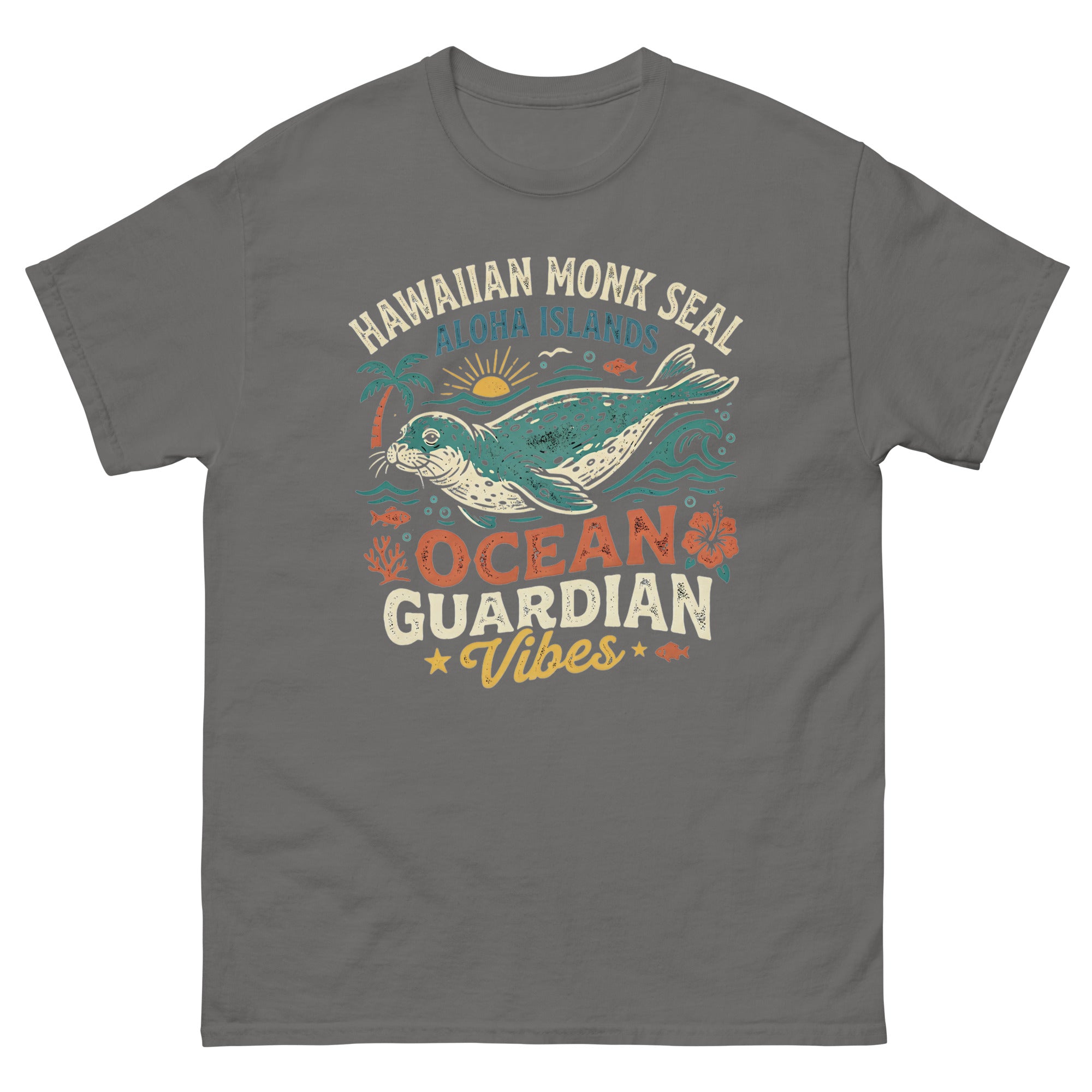 Hawaiian Monk Seal Ocean Guardian Hawaiian t-shirt design on a Charcoal unisex tee